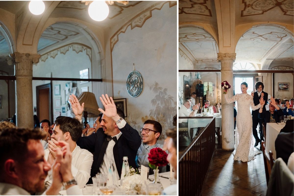 ingresso in sala degli sposi durante la cena di matrimonio a cascina lago scuro location a cremona