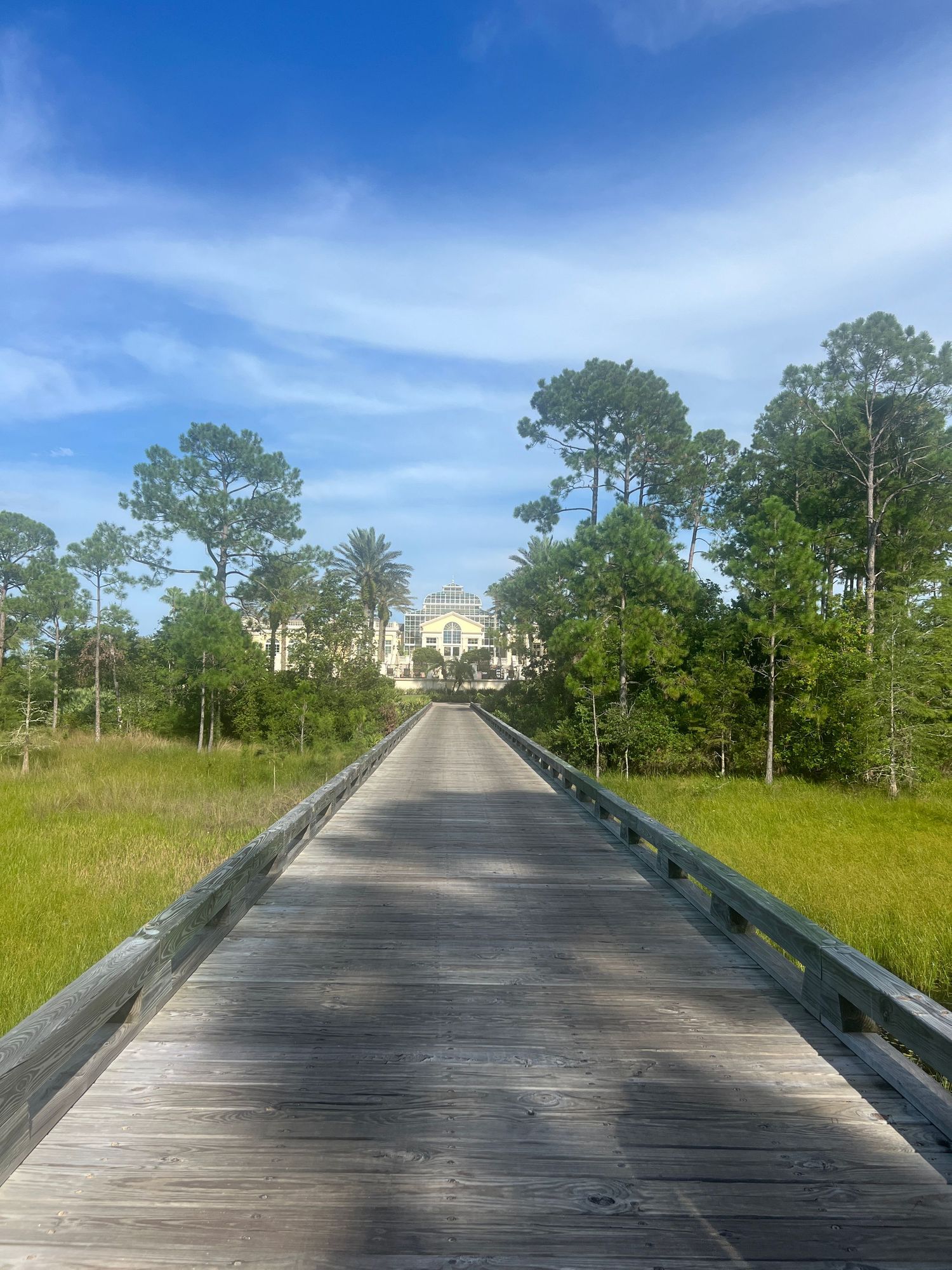 Wooden boardwalk leading through lush green marshland to a grand estate surrounded by tall pine trees under a blue sky.