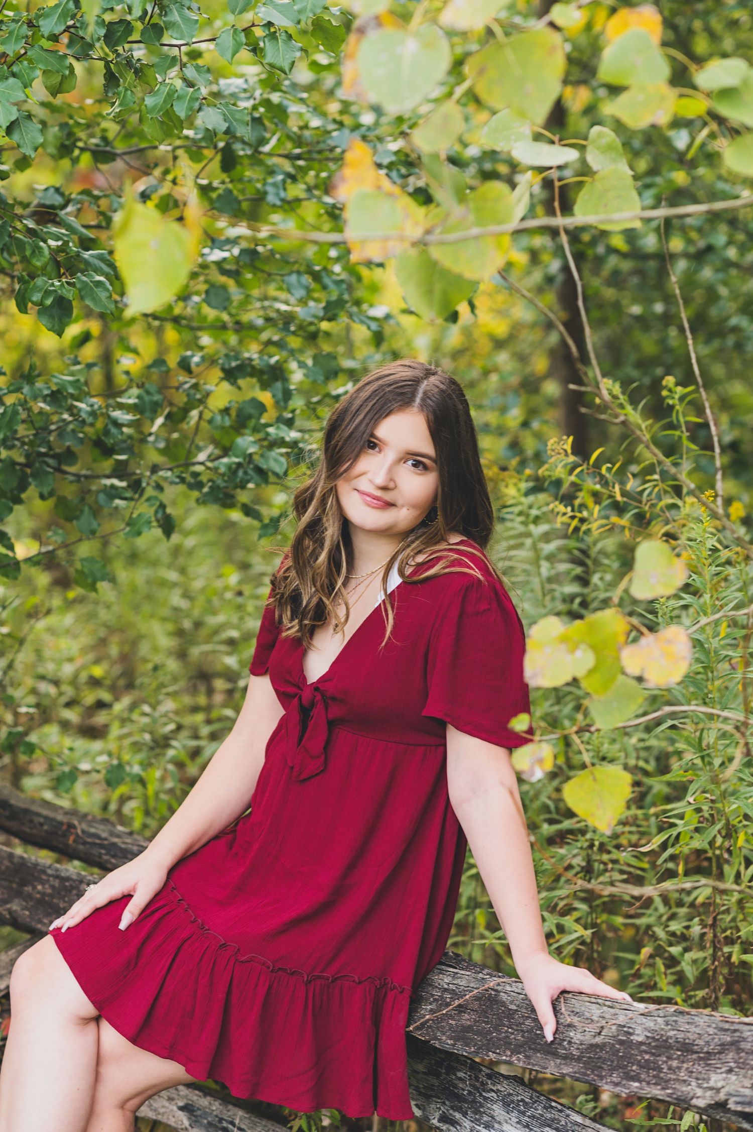 A burgundy dress portrait session on fallen log surrounded by green foliage.
