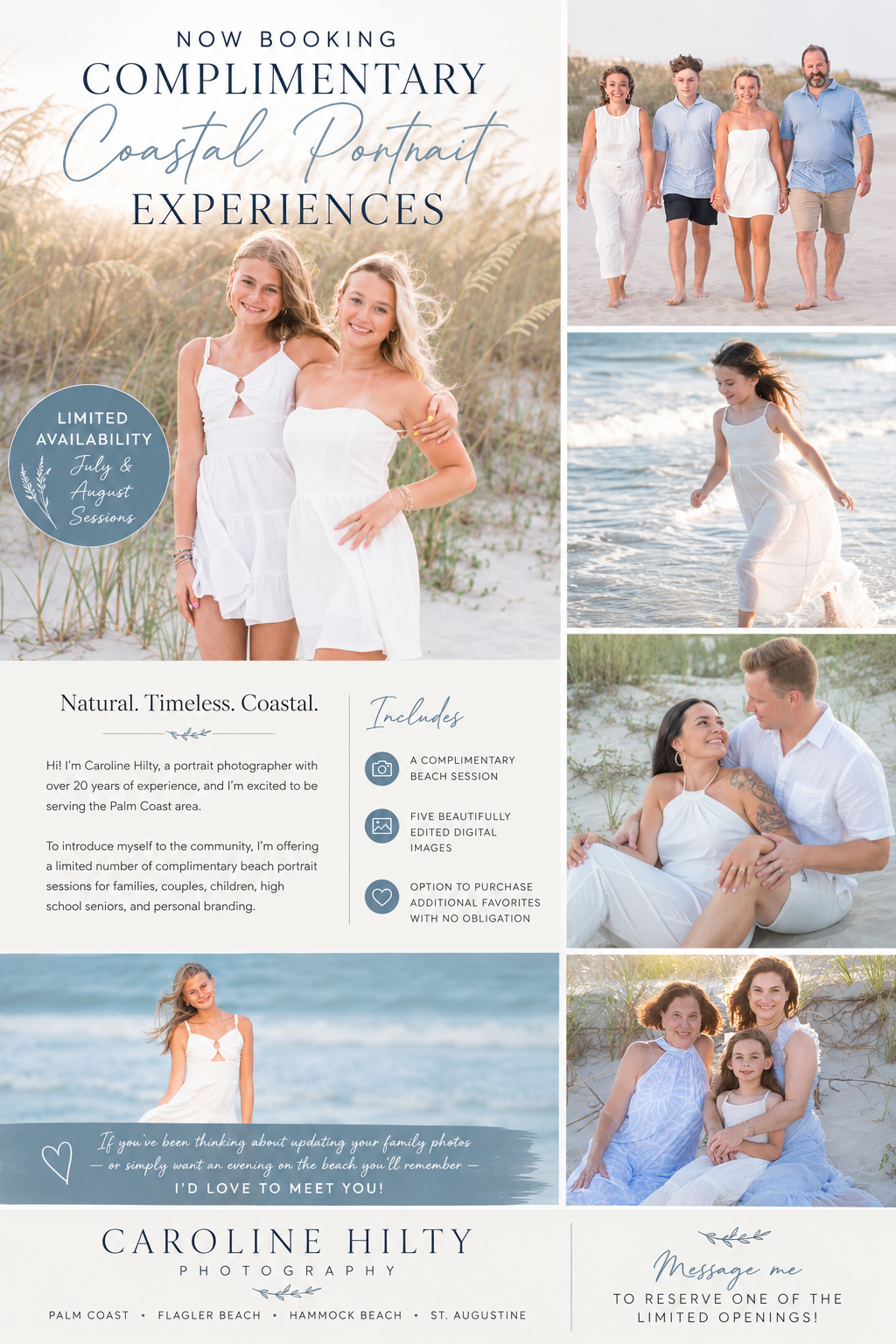 Caroline Hilty Photography flyer advertising complimentary coastal portrait sessions in Palm Coast, featuring families and couples on the be