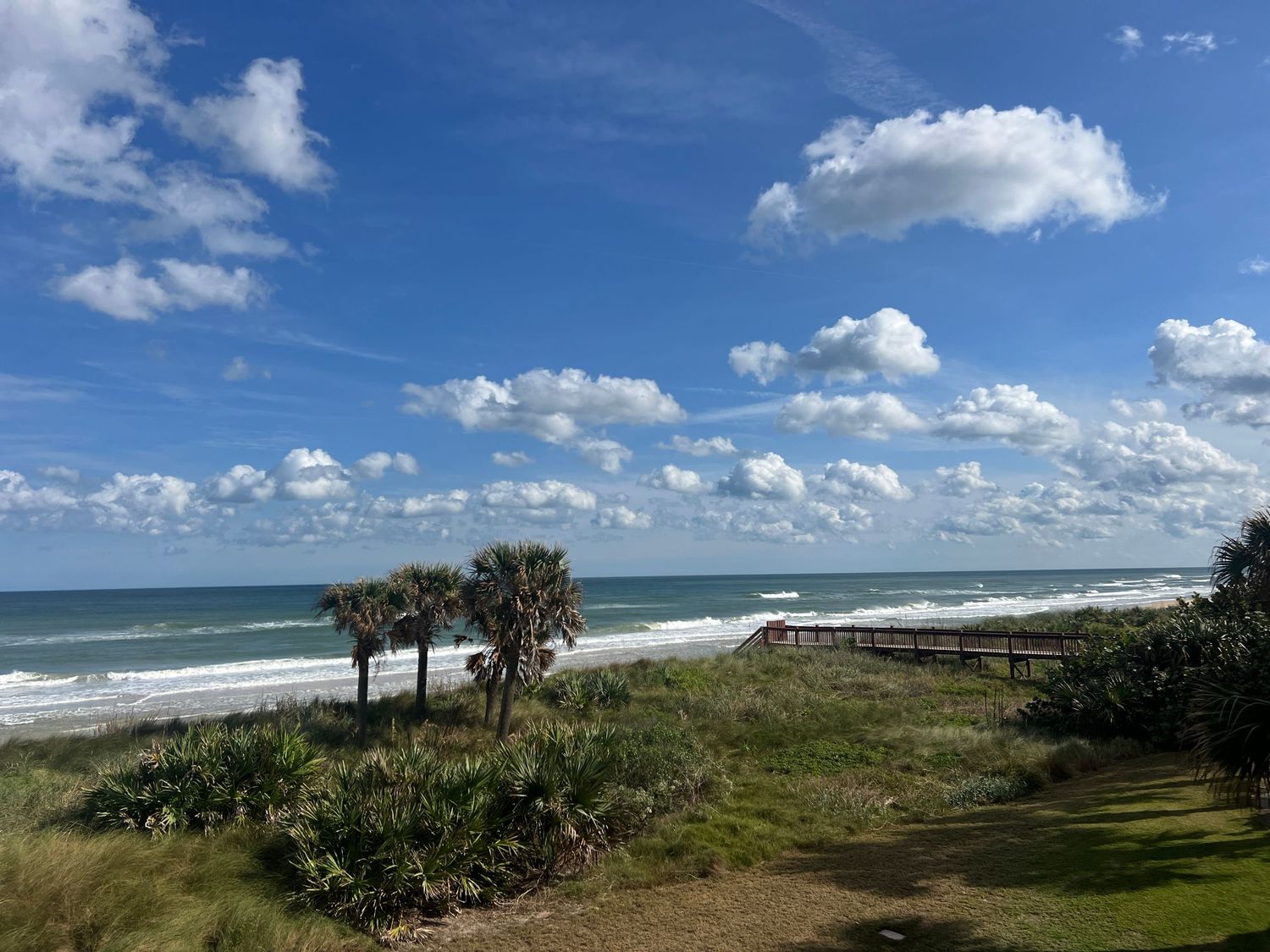 Scenic Florida beach with palm trees, wooden boardwalk, crashing waves, and dramatic blue sky with white clouds.