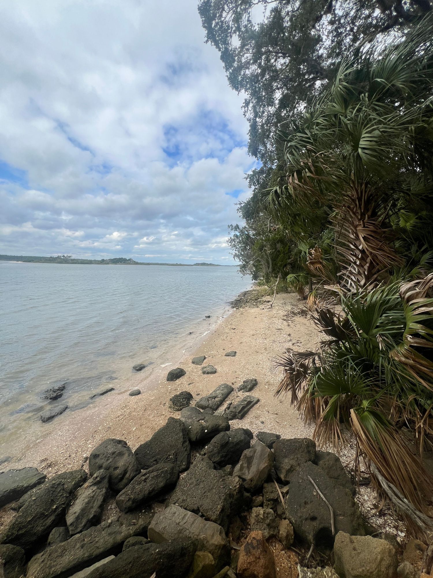 Rocky shoreline with sandy beach, palm trees, and calm bay waters under a partly cloudy sky.