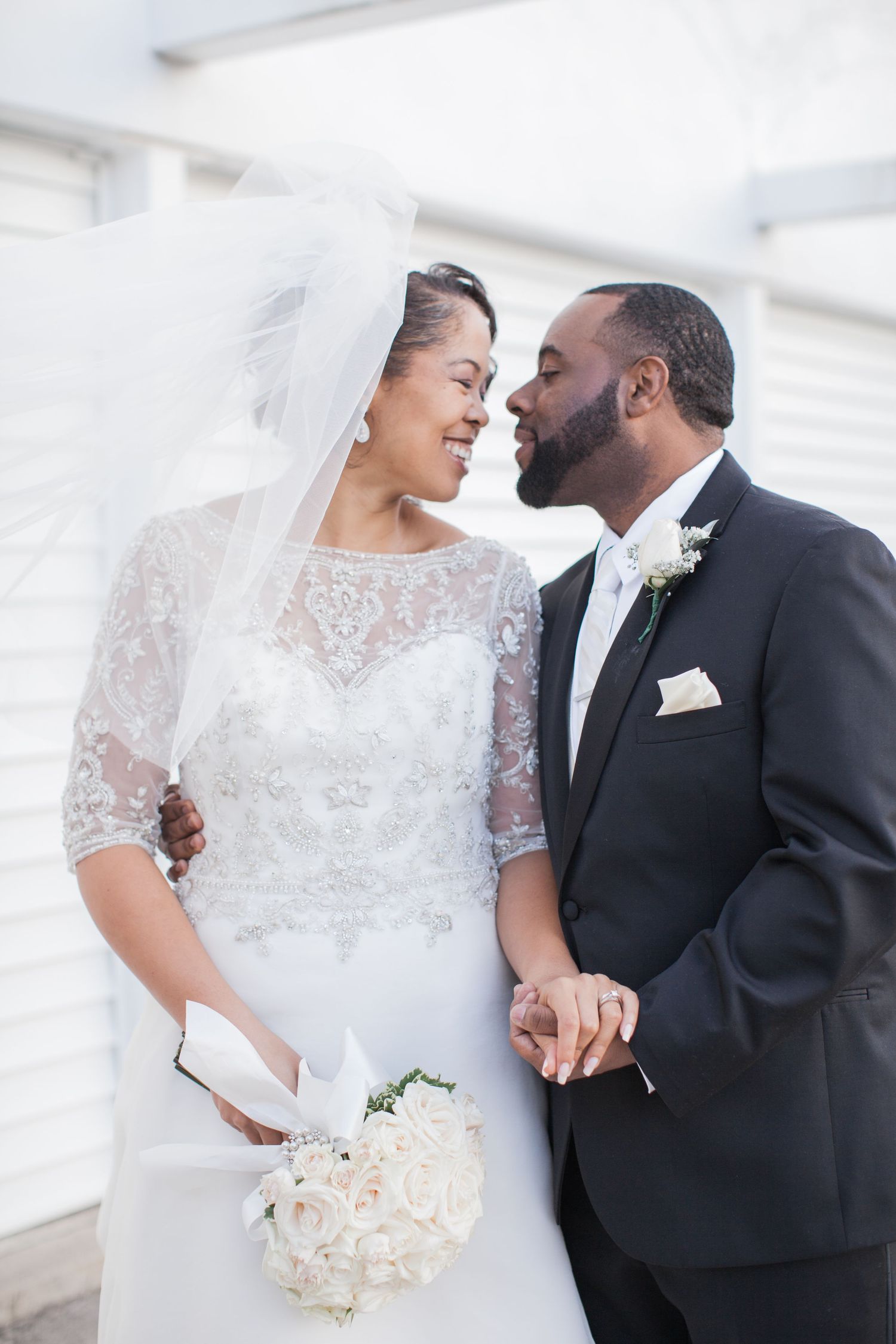 A romantic wedding moment captured in a series of photos showing a couple in traditional white dress and black tuxedo.