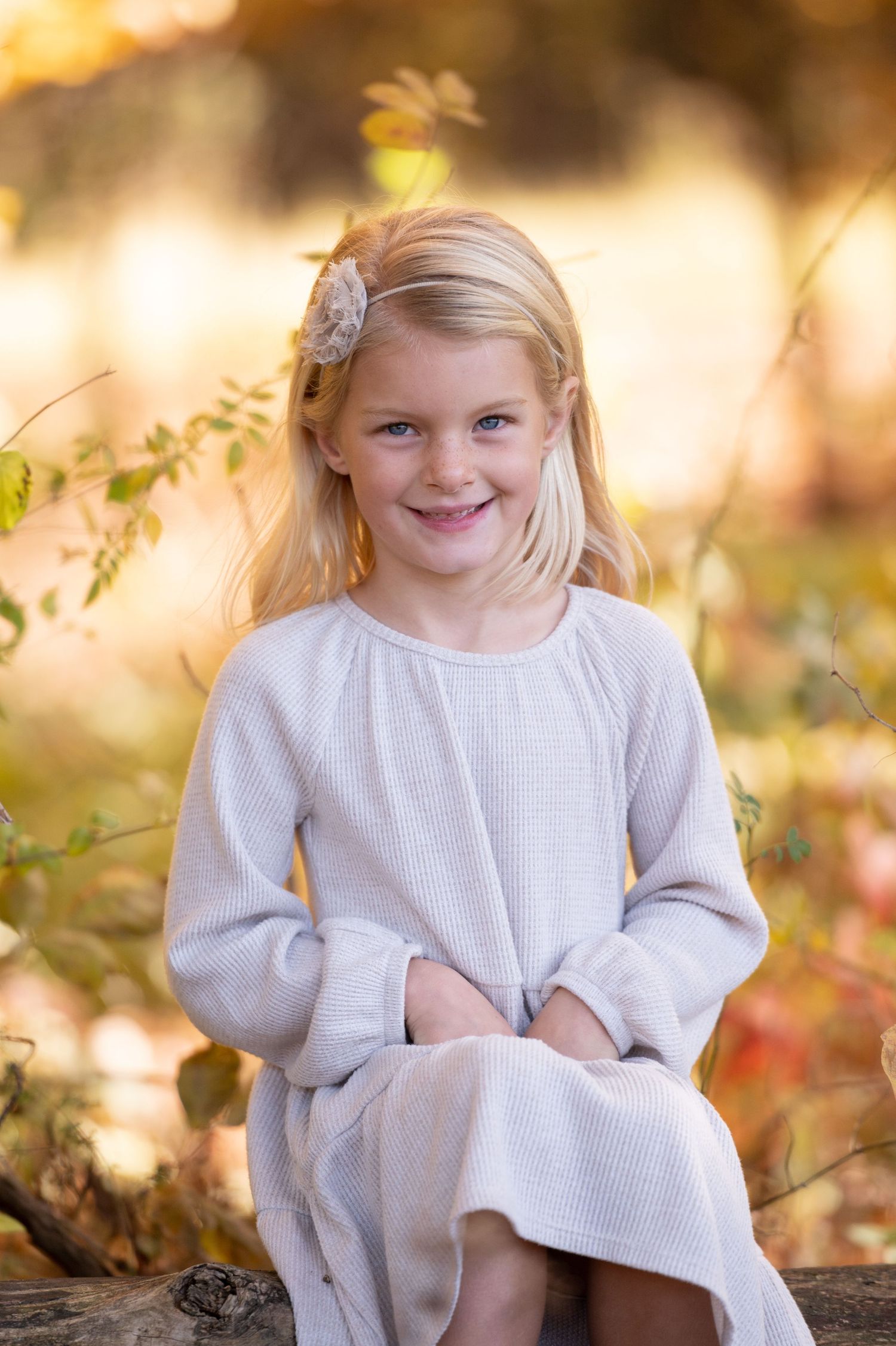 Smiling blonde girl in a light gray long-sleeve dress sits on a log outdoors in a warm autumn setting.