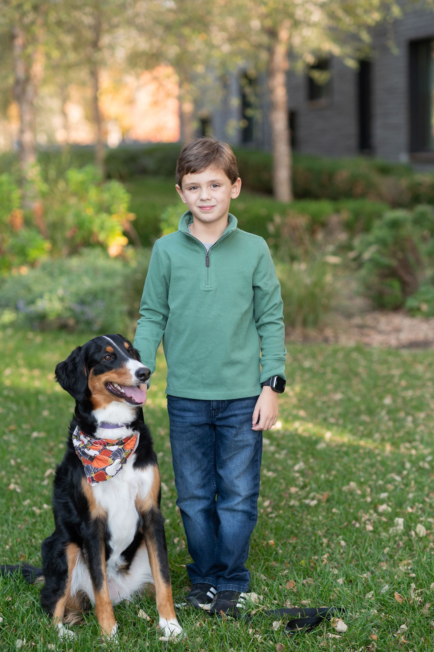 A young boy in a green pullover and jeans stands beside a tri-color Bernese Mountain Dog wearing a bandana outdoors.