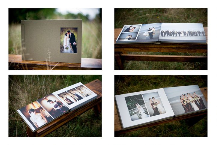 An open photo album displays a collection of wedding photographs arranged on white pages with elegant layouts.