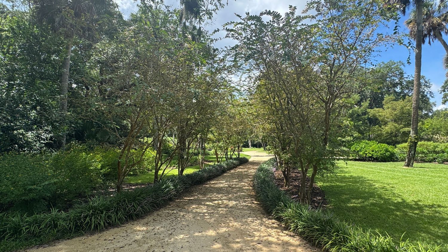 A serene garden path lined with lush green trees and manicured lawns on a sunny day.
