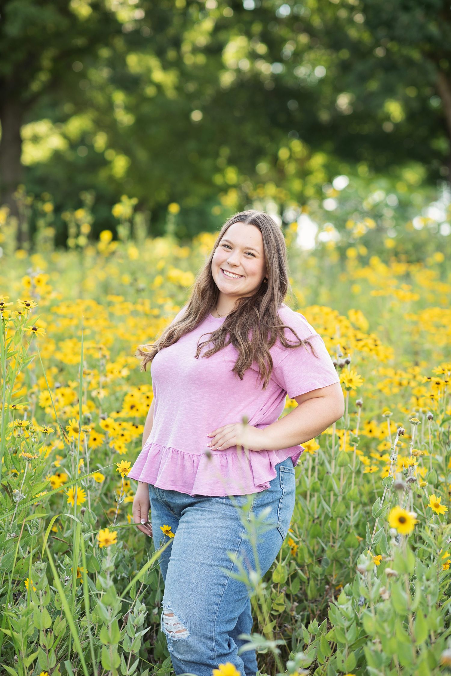 A field of bright yellow wildflowers and green grass on a sunny summer day with soft natural lighting.