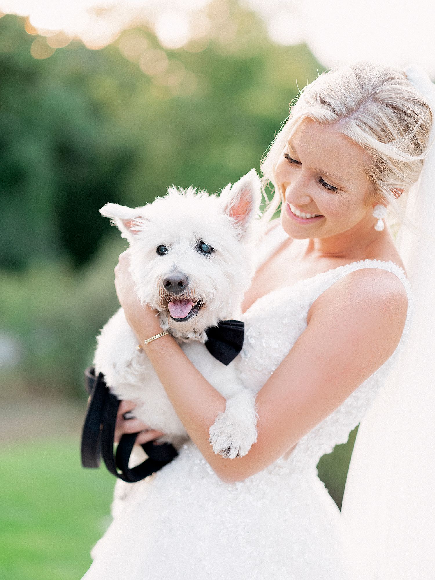 Playful moments with a fluffy white dog against a soft outdoor background. NYC wedding photographer.