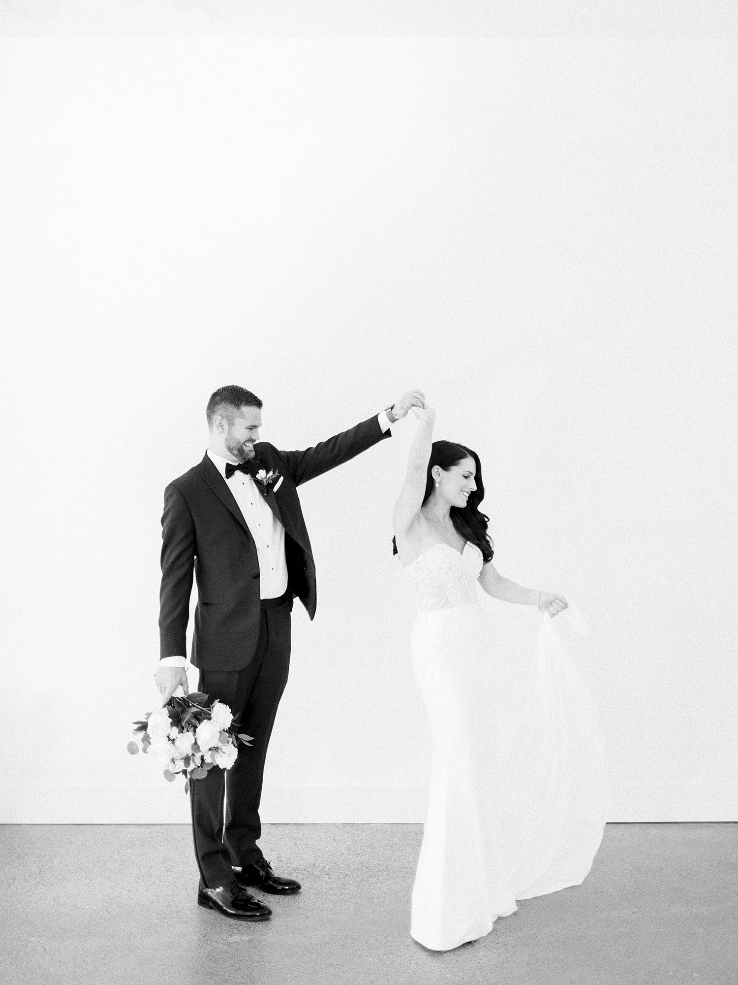 Artistic black and white wedding photography sequence showing couple's dance moves.