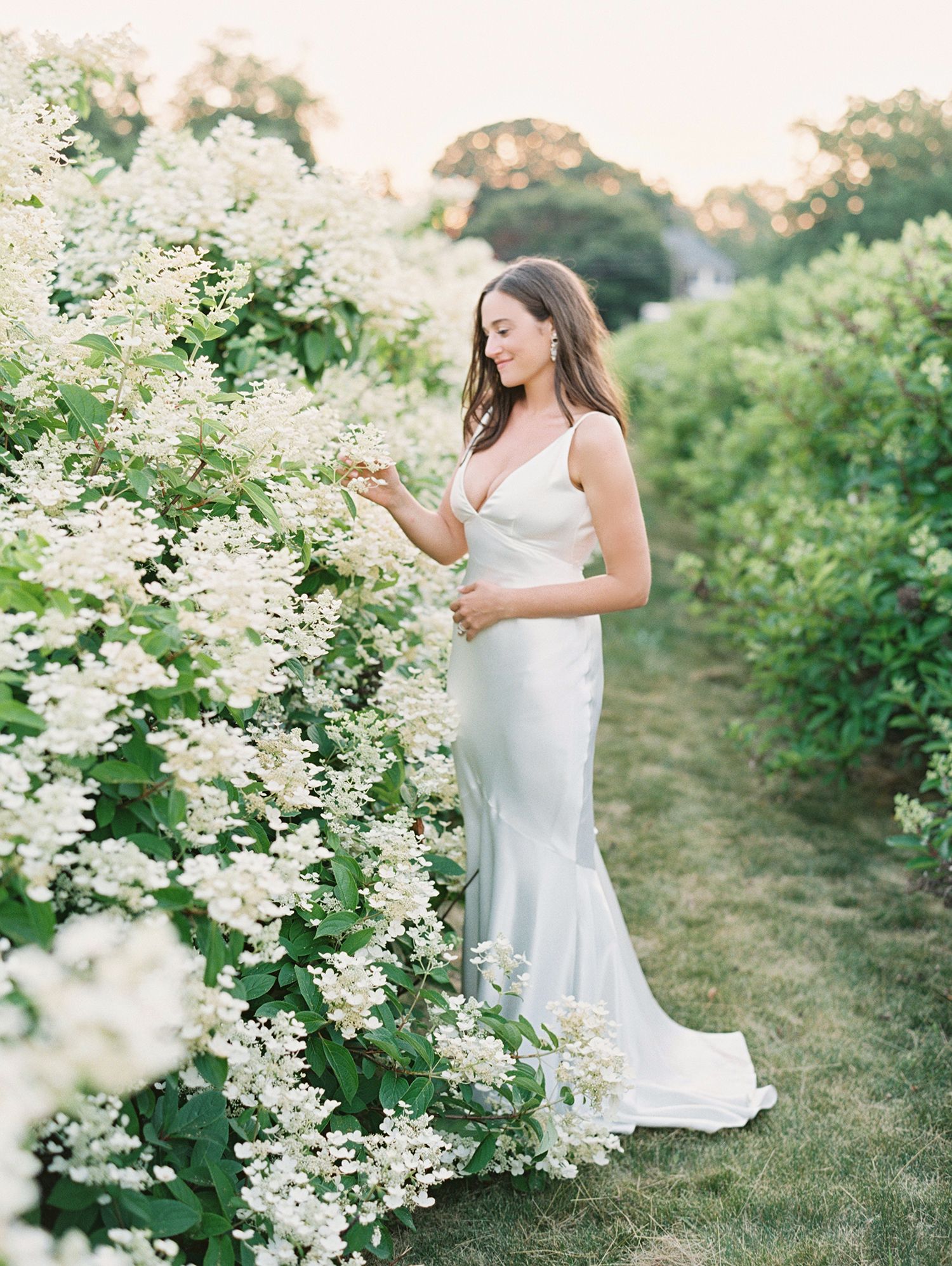 Ethereal garden photoshoot with white flowering bushes and elegant white dress.