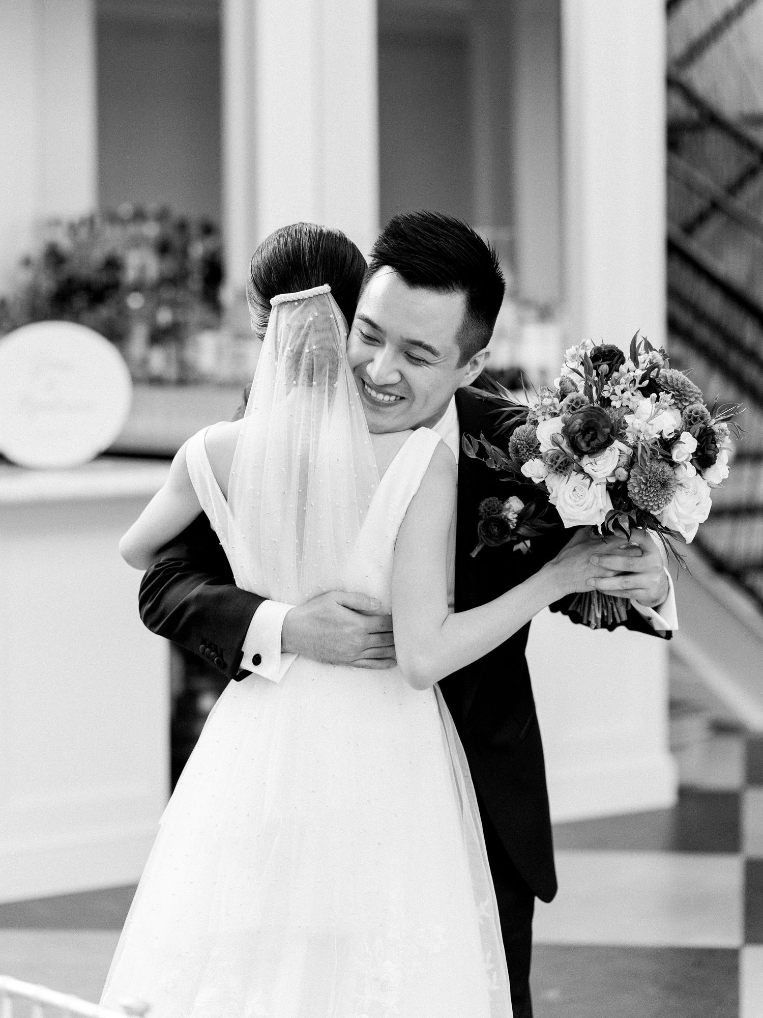 Candid wedding photo sequence capturing joyful moments between the newlyweds.