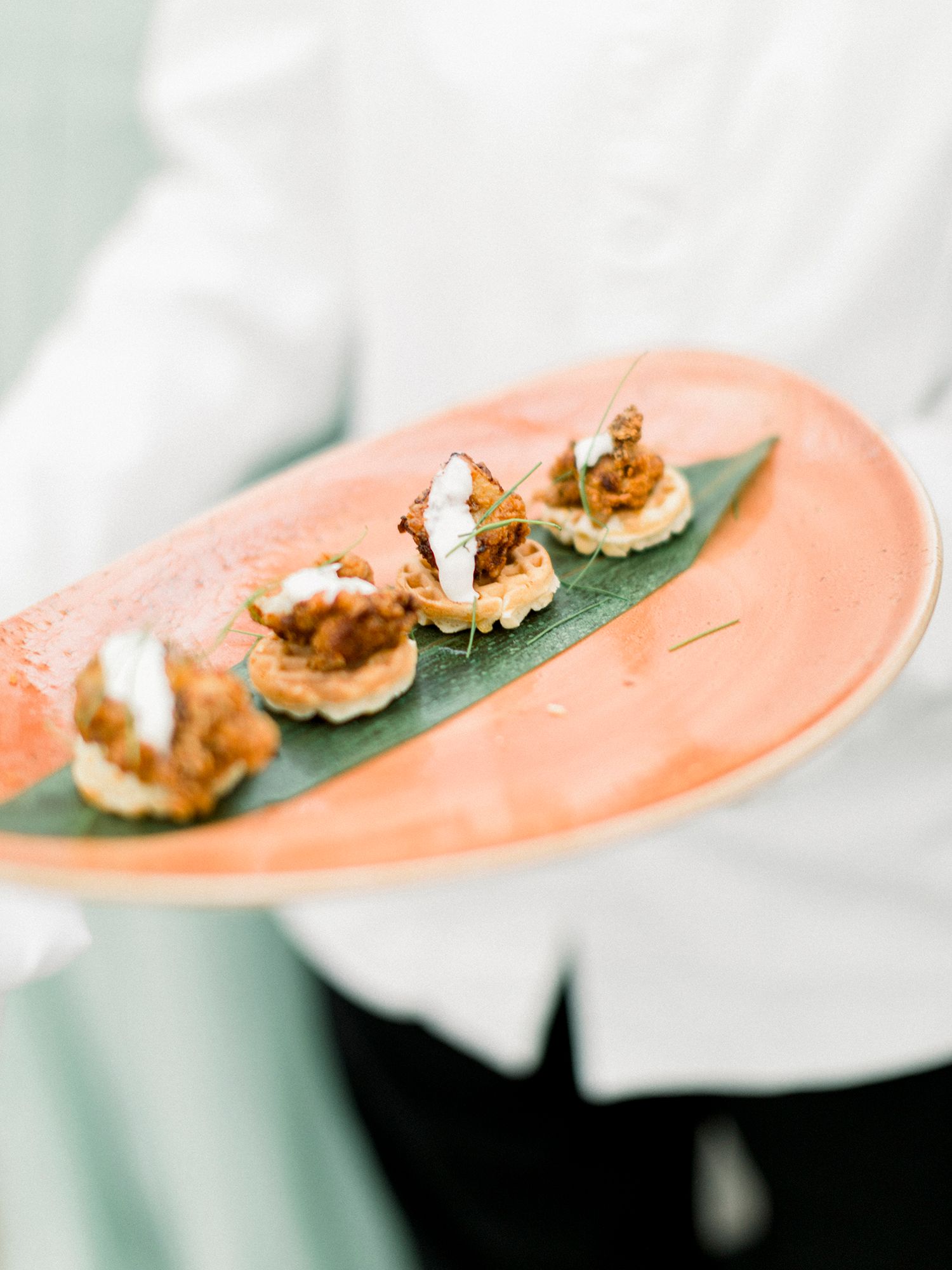 Gourmet appetizers served on coral-colored plates with leaf garnish.