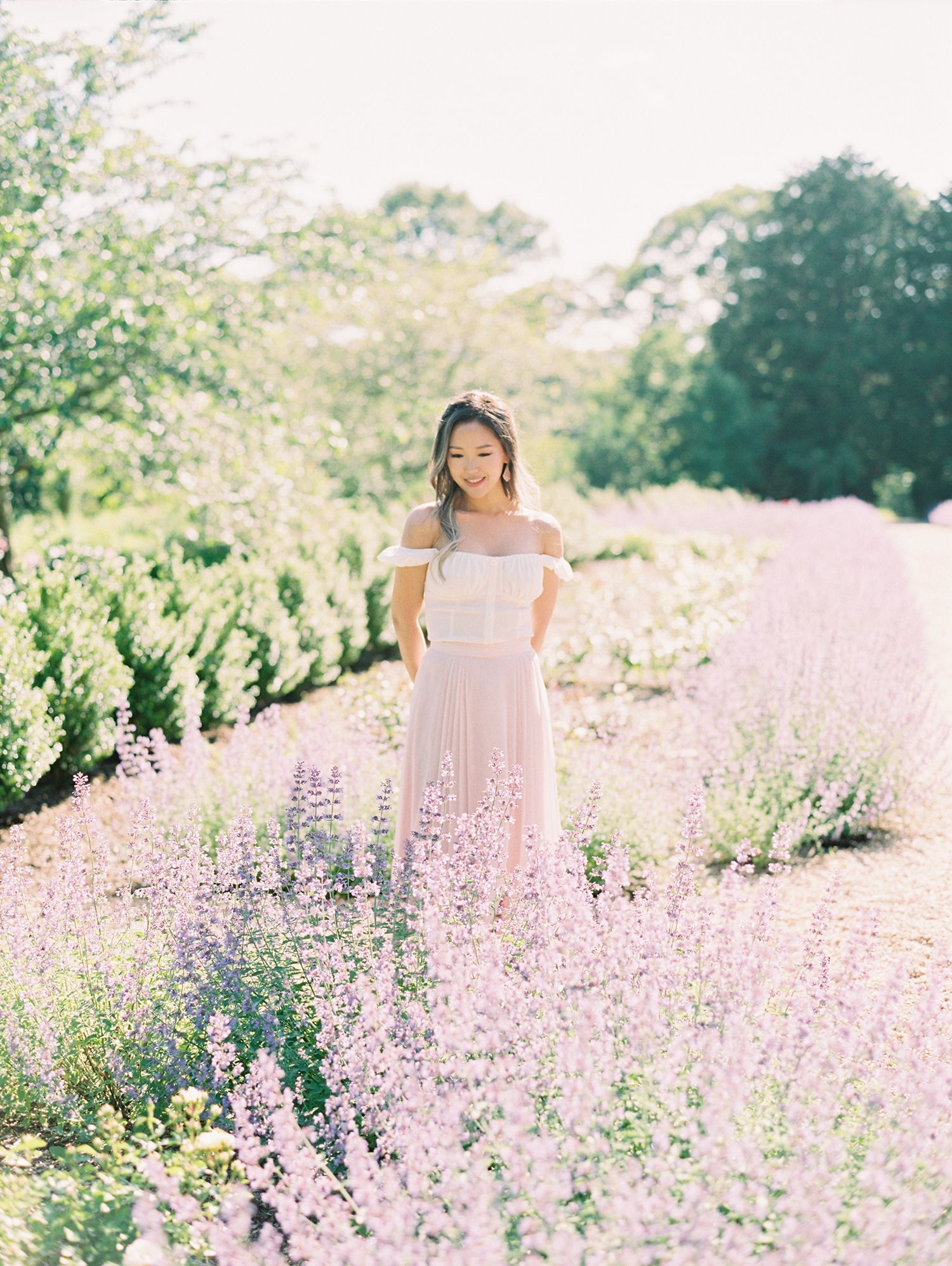 A dreamy portrait in a lavender field with soft pastel tones.