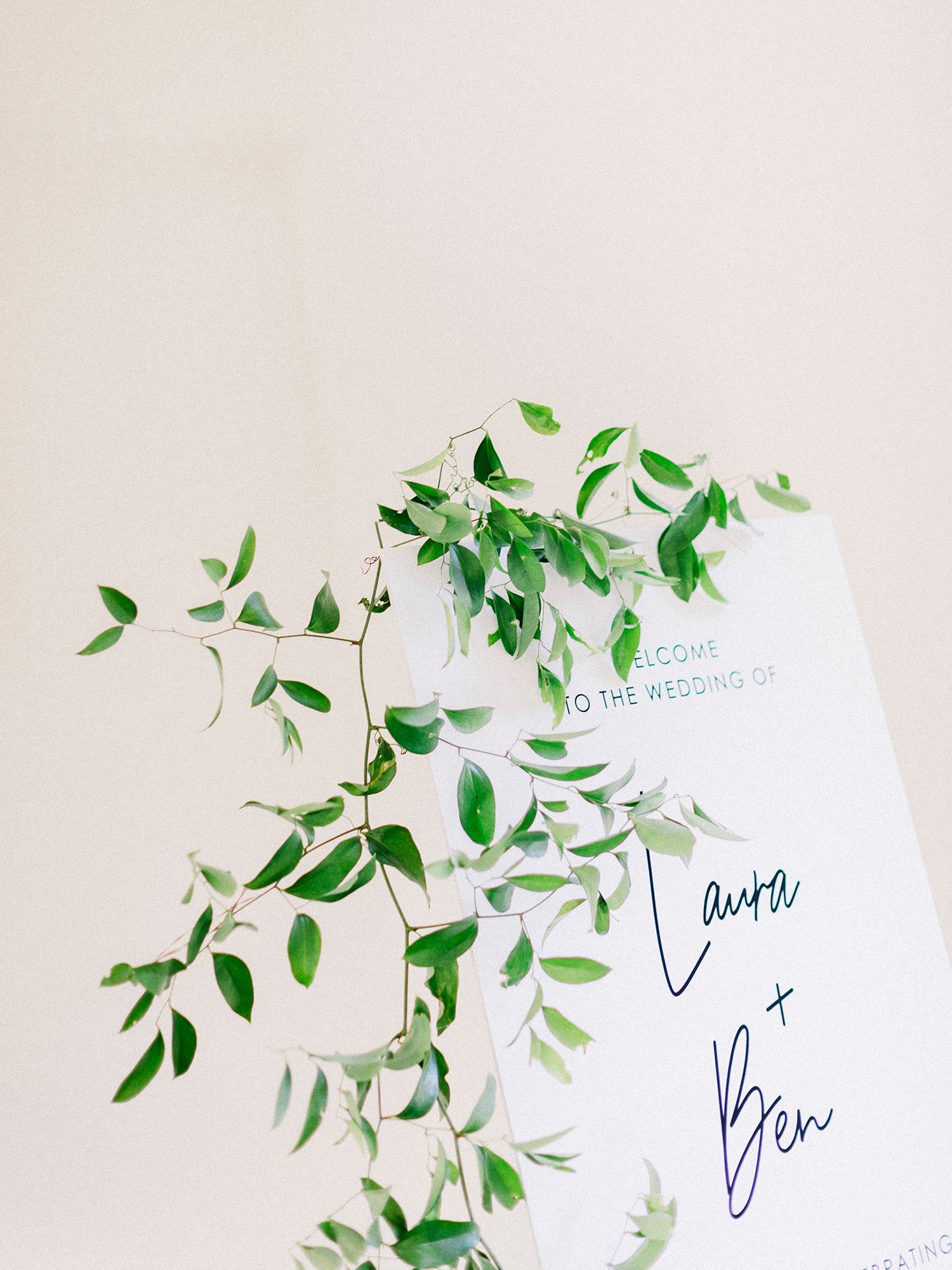 Delicate green leaves and handwritten notes create an elegant wedding detail shot.
