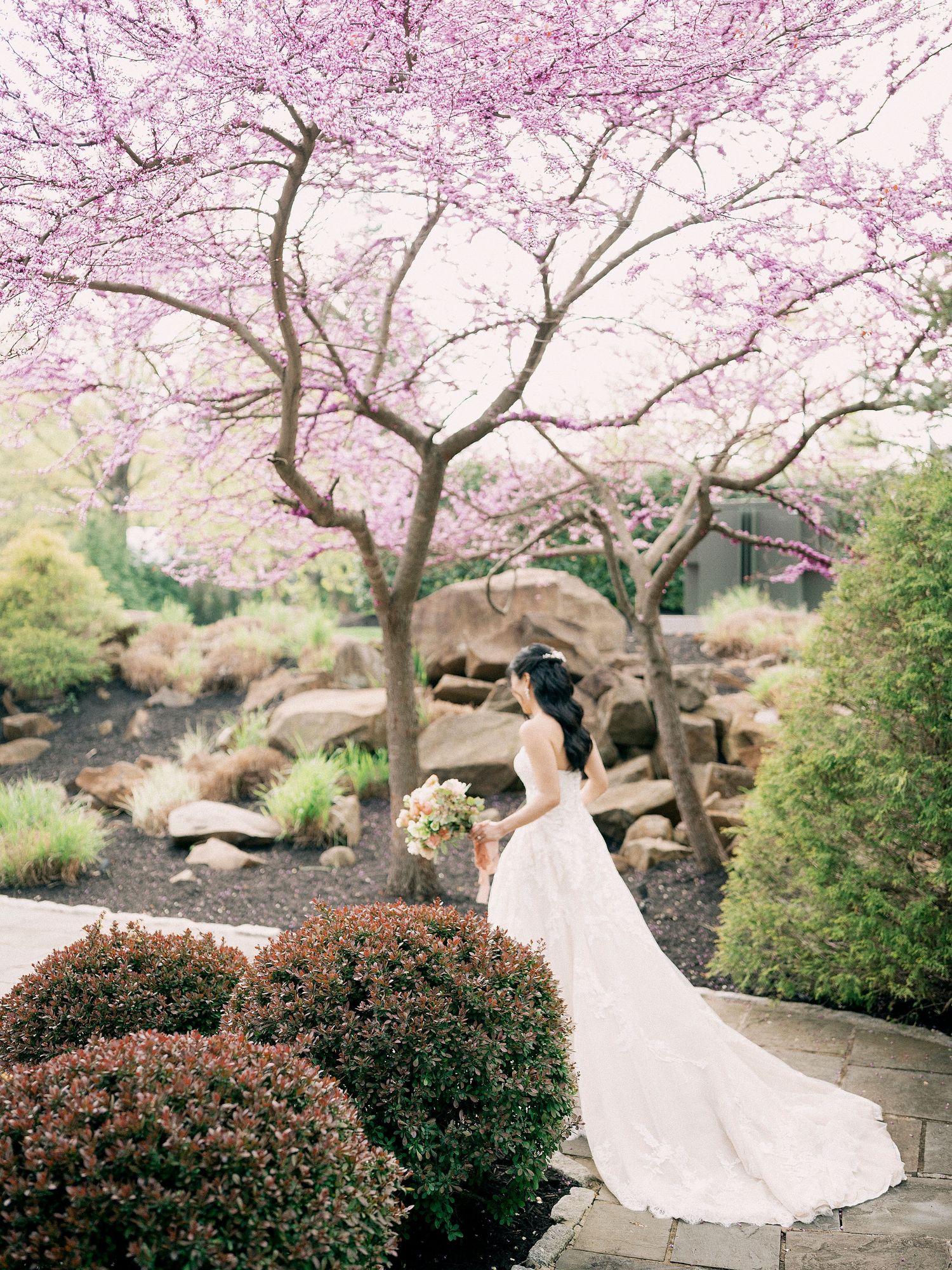 Wedding dress flowing in the breeze under blooming cherry blossom trees in a garden setting.