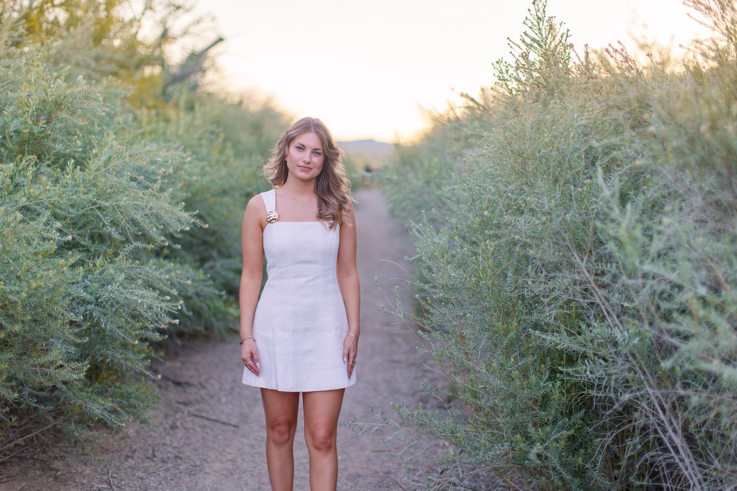 Young woman in white mini dress standing on a sandy desert path surrounded by lush green shrubs at sunset in Lake Havasu City Arizona