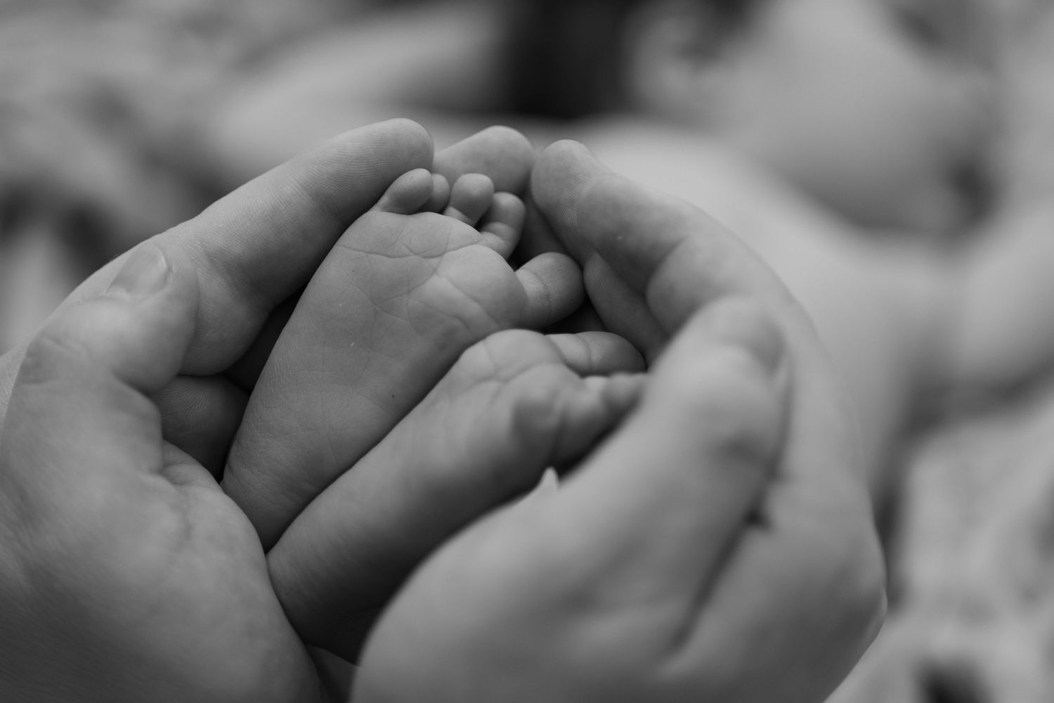 Close-up black and white image of interlocked fingers showing intimacy.