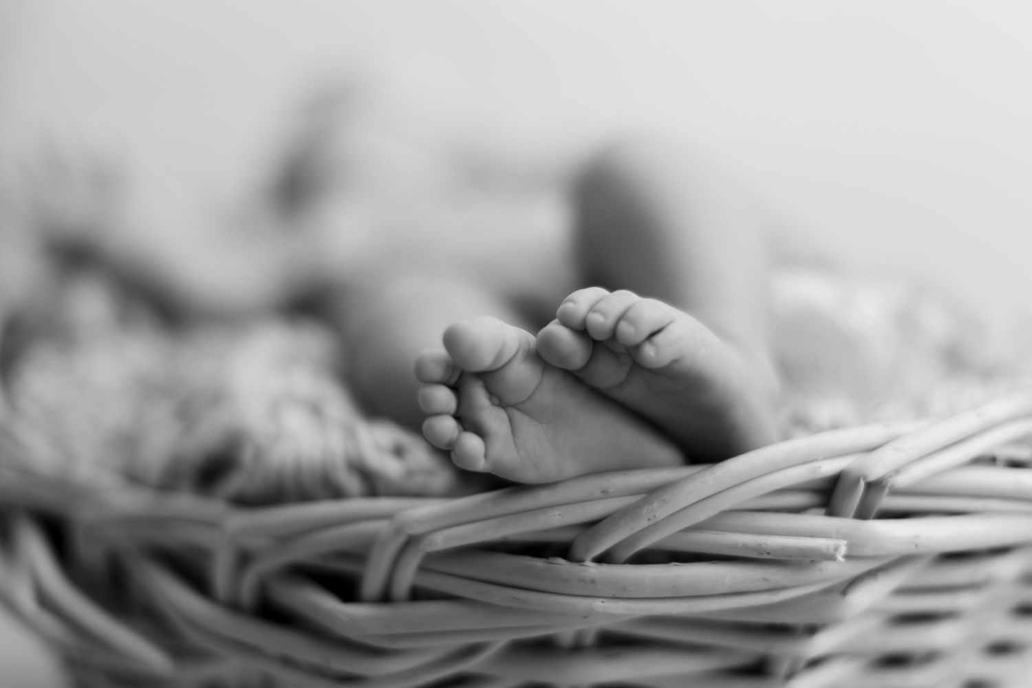 Close-up black and white photo of newborn baby feet resting in a wicker basket.