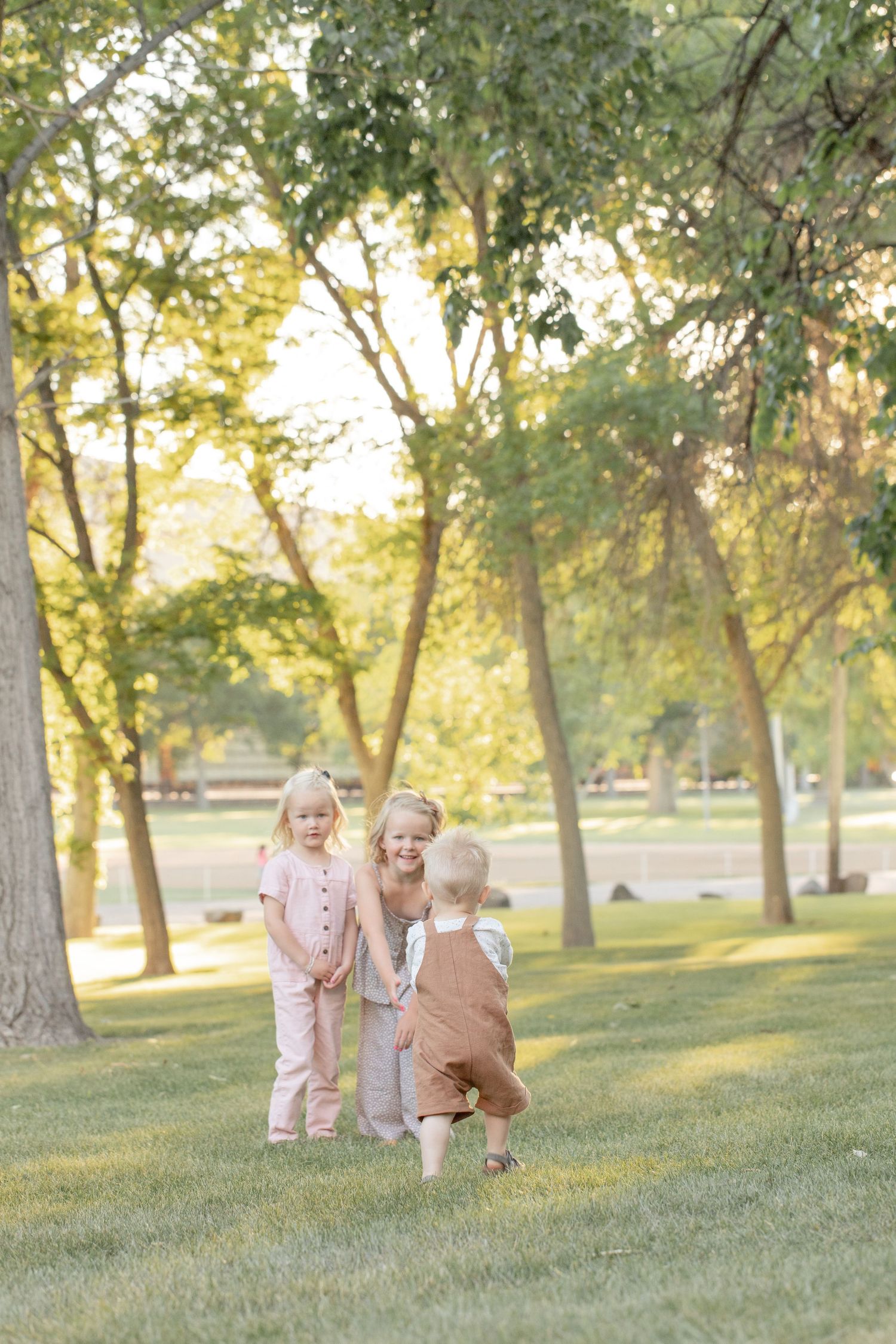 Three young children playing together on green grass in a sunny park surrounded by tall trees.
