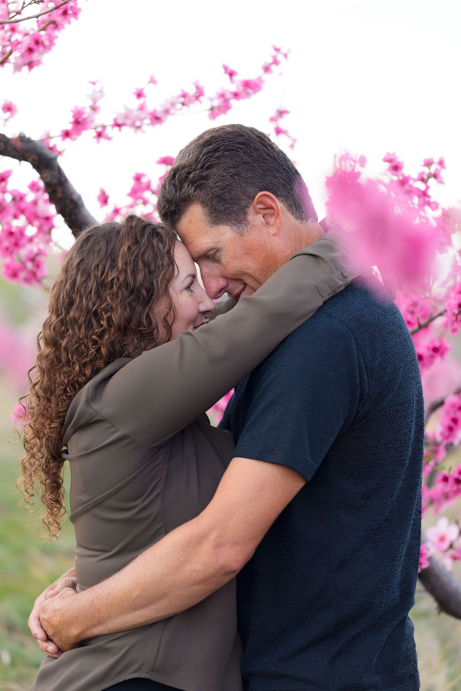 Couple embracing tenderly among pink cherry blossom trees in spring, sharing a romantic moment outdoors.