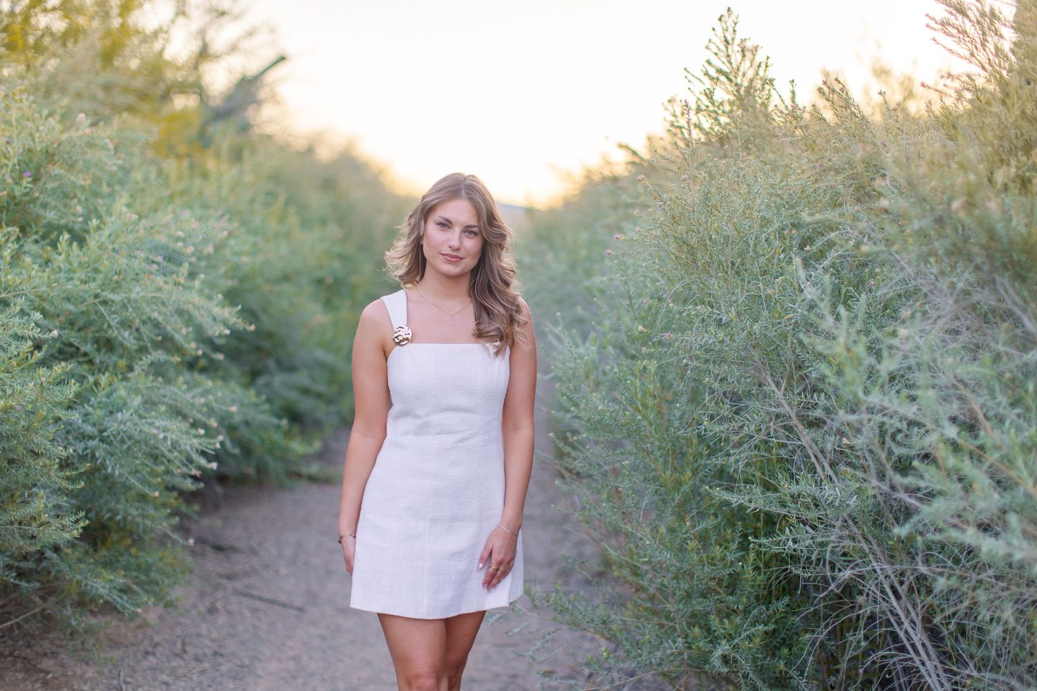 Young woman in white sundress walking on a desert path surrounded by lush green shrubs at golden hour.