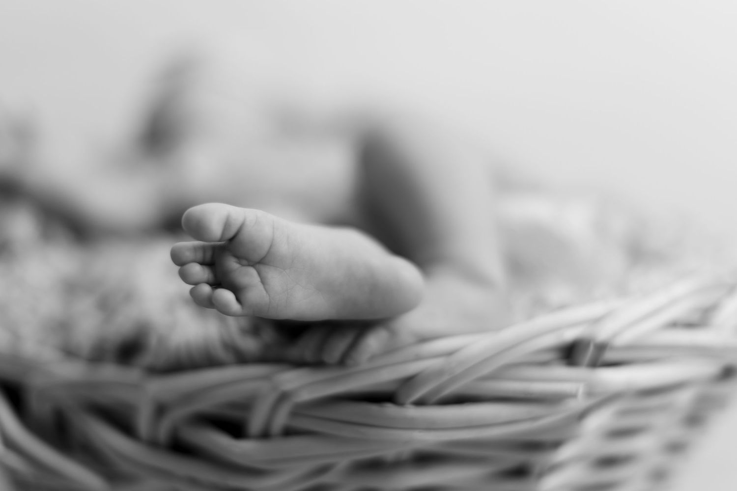Close-up black and white photo of a newborn baby's tiny feet resting in a wicker basket.