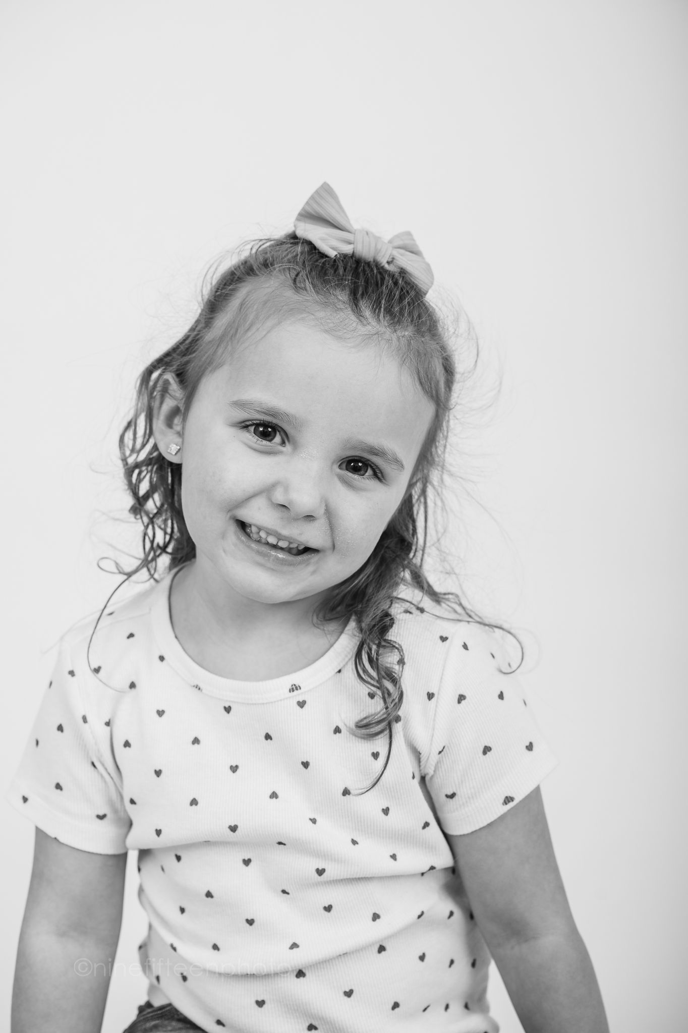 Black and white child headshot on white background, ninefifteenphoto Meade County KY kids portrait photographer.