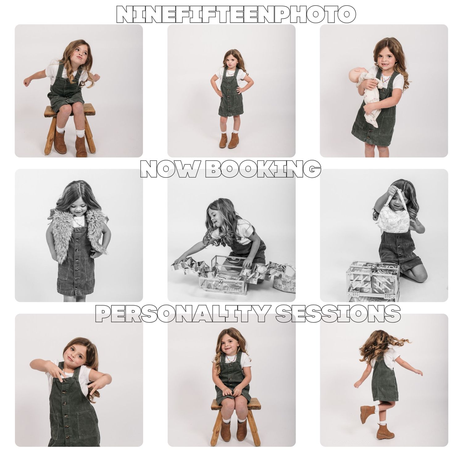 Black and white studio personality portrait of a young girl striking a playful pose, photographed in Meade County KY