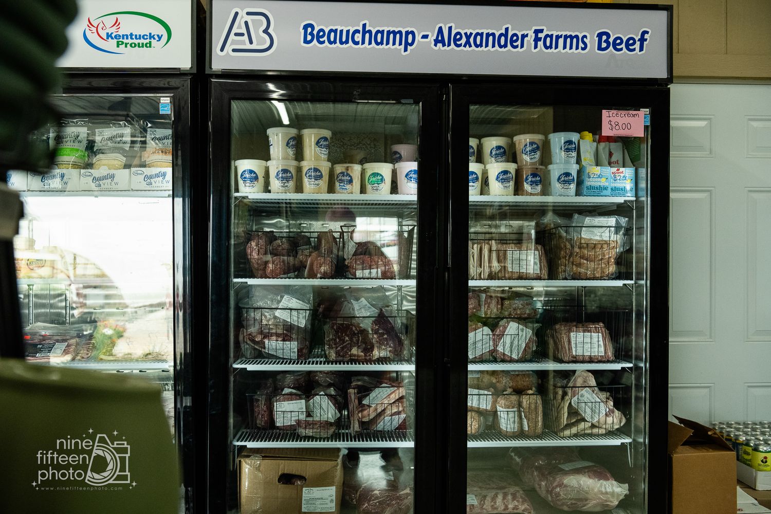 Beauchamp-Alexander Farms Beef display stocked with local meats inside the farm market in Brandenburg, Kentucky.