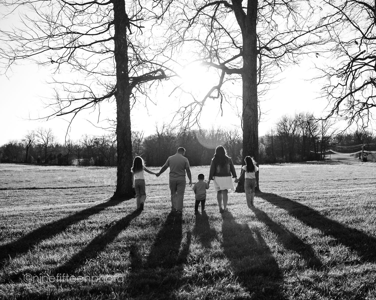 Black and white family photo of five people holding hands walking through a sunlit field between bare trees.