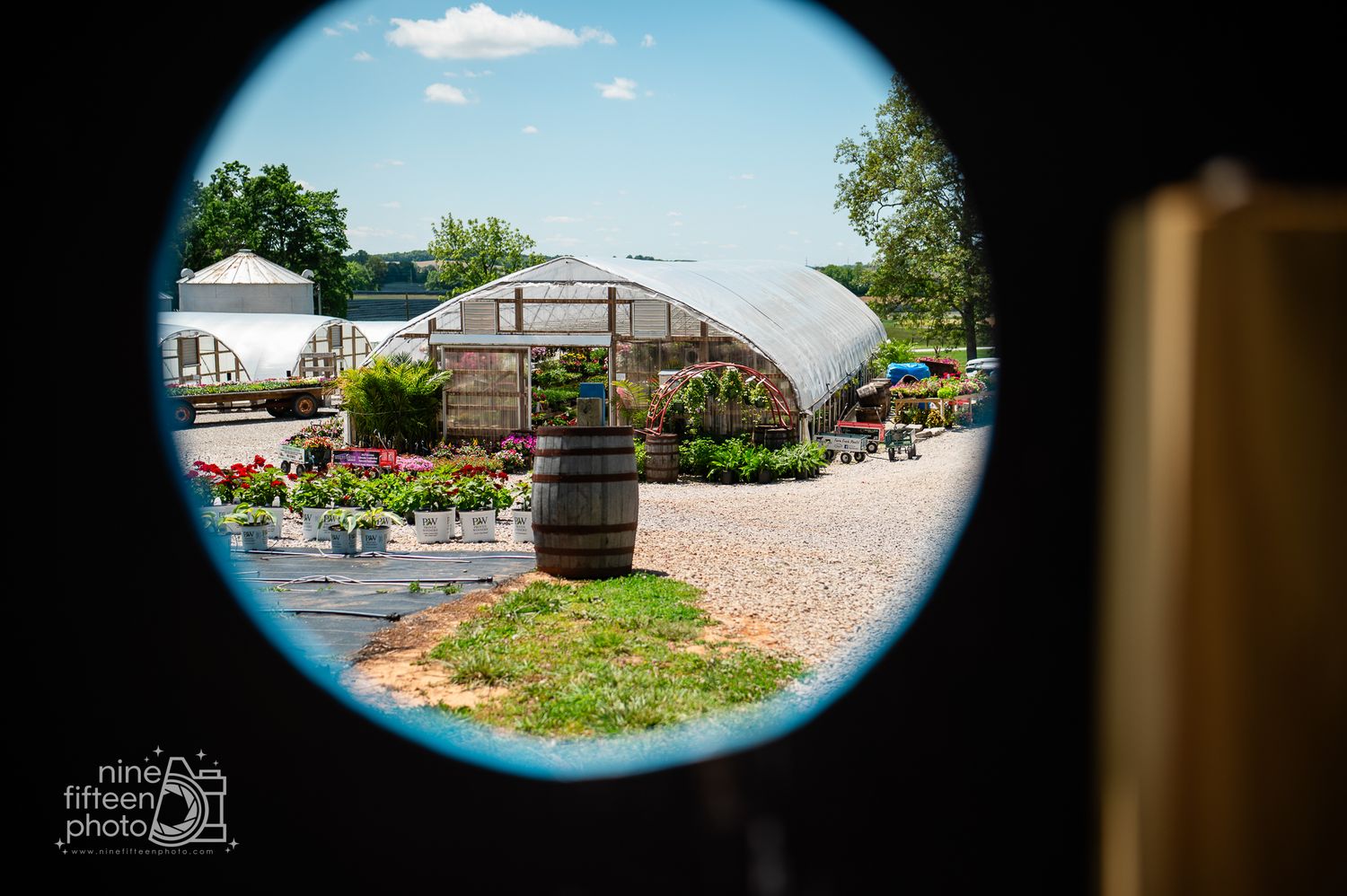 Circular window framing white greenhouse filled with colorful flowers and plants at Hardesty Farms.