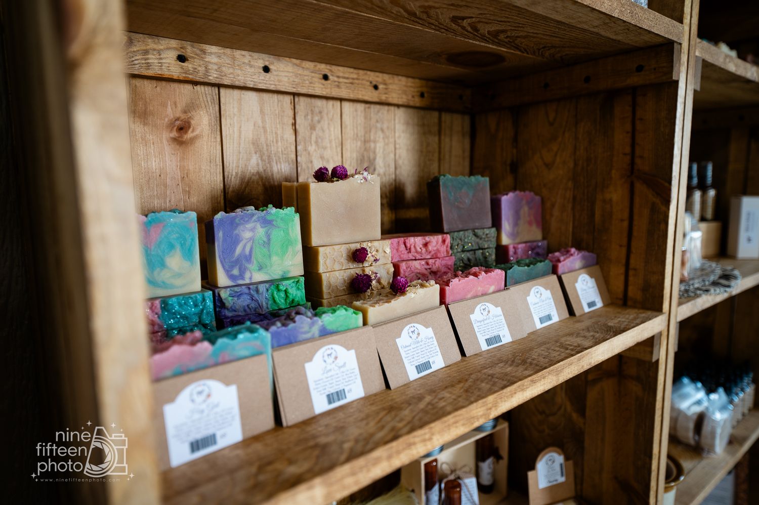 Handmade artisan soaps and gift boxes displayed inside the boutique shop at Hardesty Farms & Greenhouses.