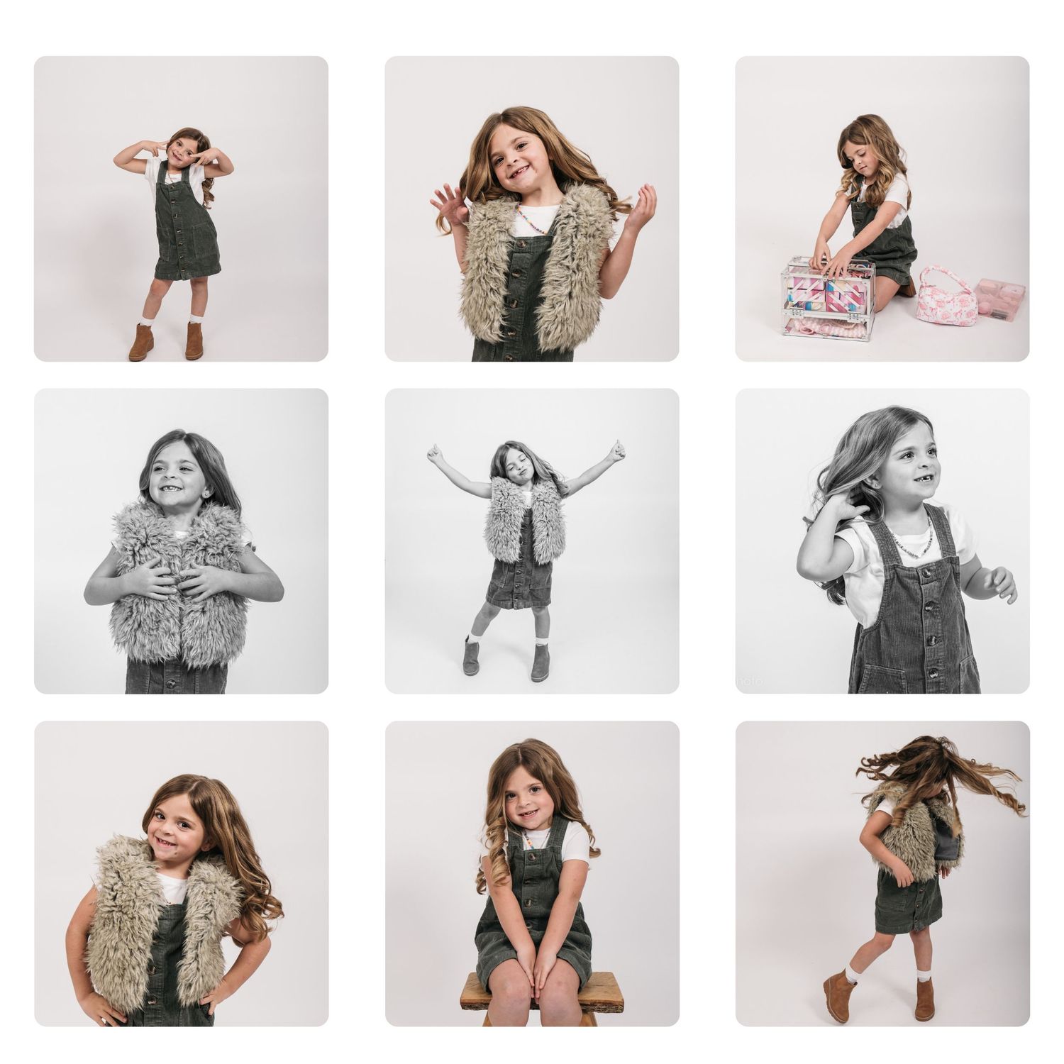 Studio personality portrait of a young girl smiling confidently in a textured vest against a neutral studio backdrop in Meade County KY