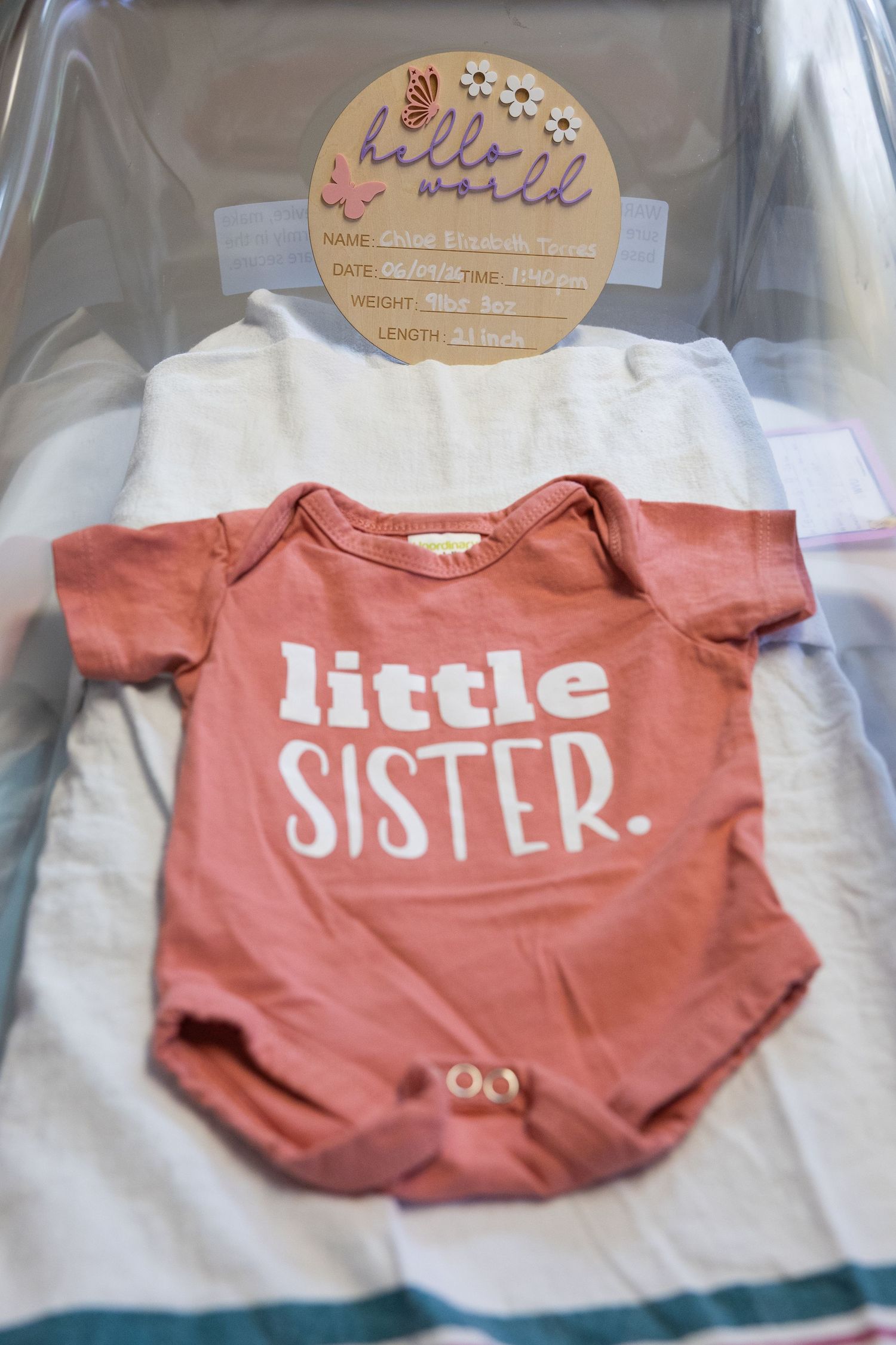 Pink little sister onesie displayed in a hospital bassinet next to a hello world birth announcement sign.