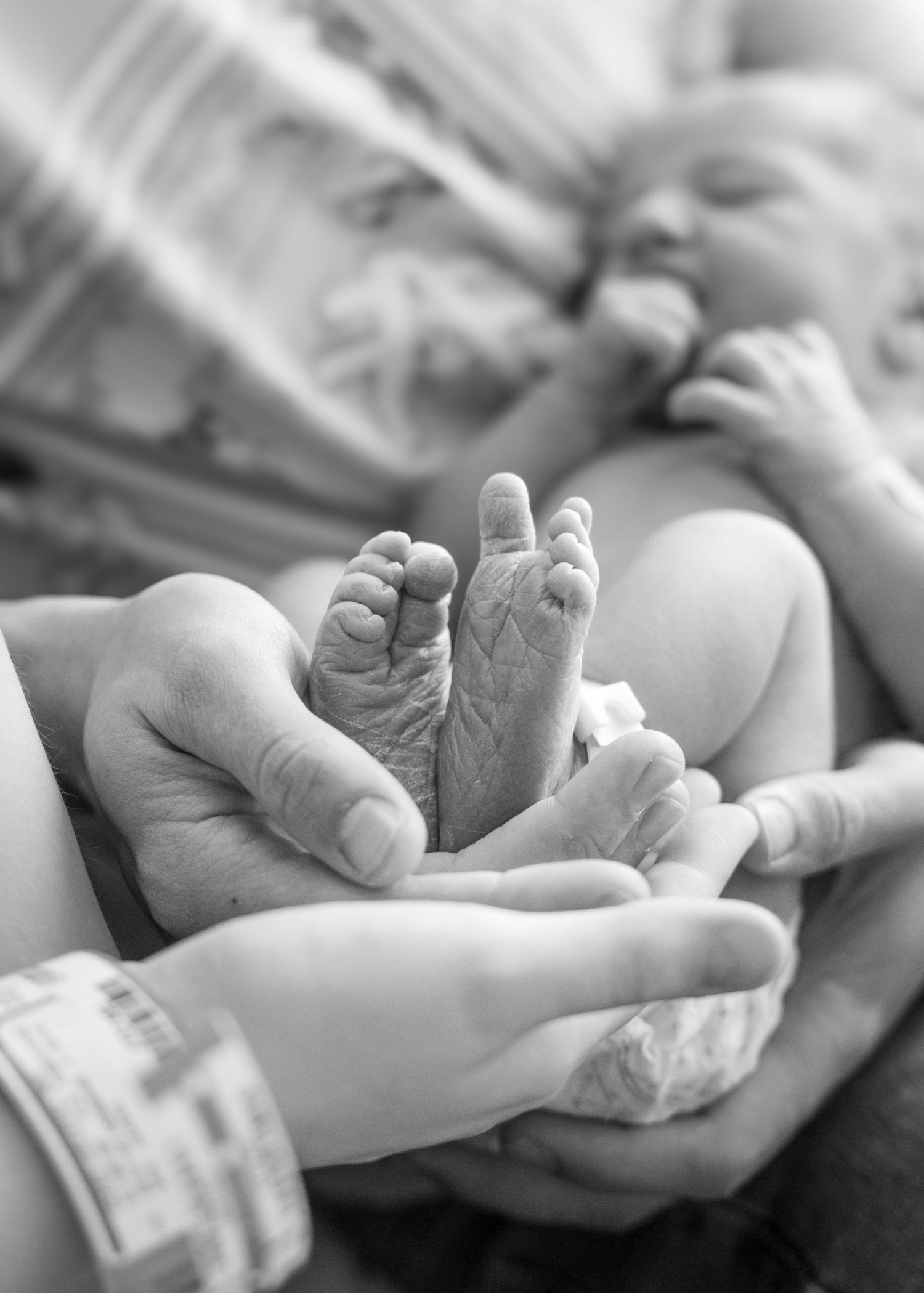 Black and white close-up of newborn baby feet gently held by parents hands in hospital.