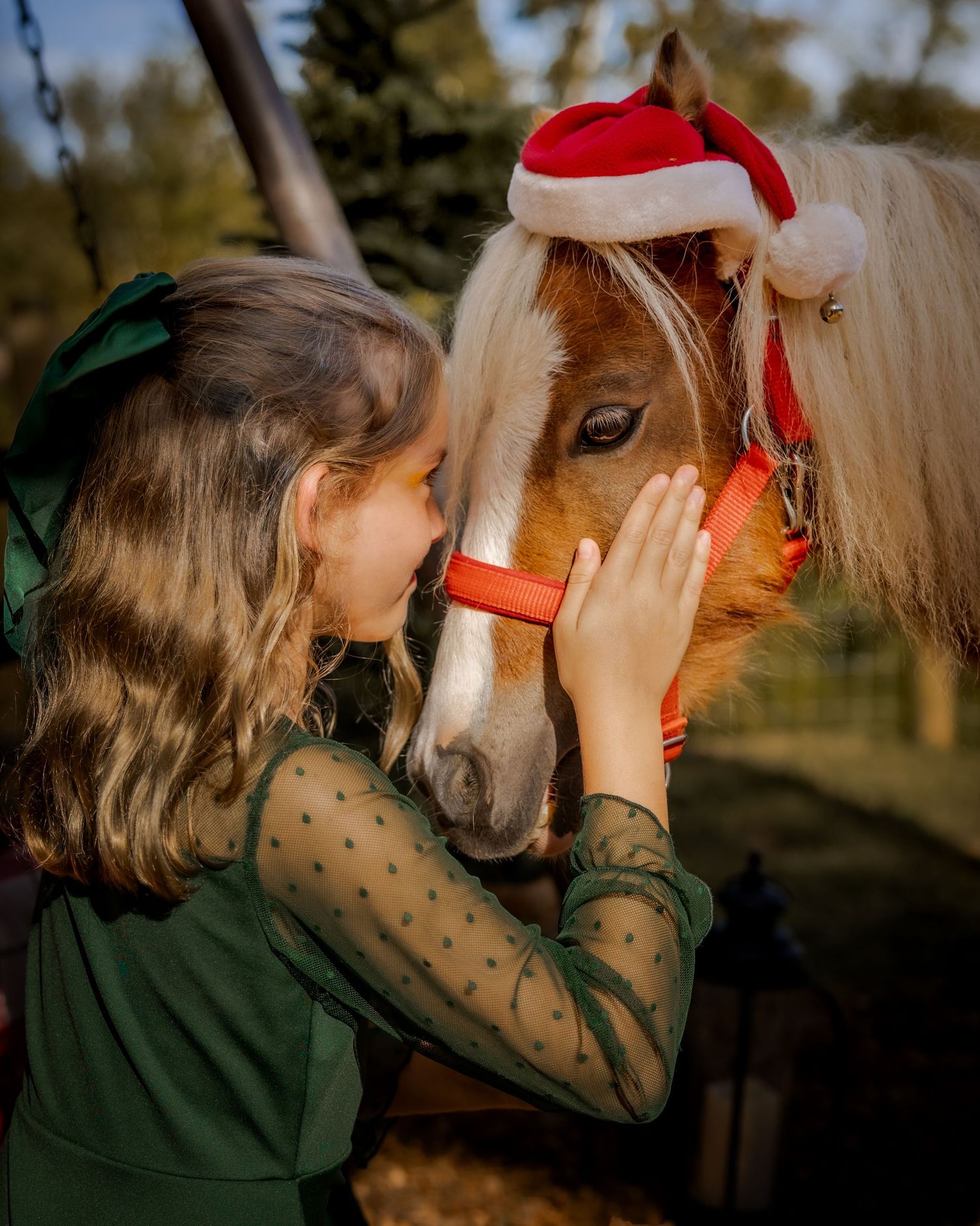 A young girl in a green dress affectionately touches a pony wearing a Santa hat outdoors.