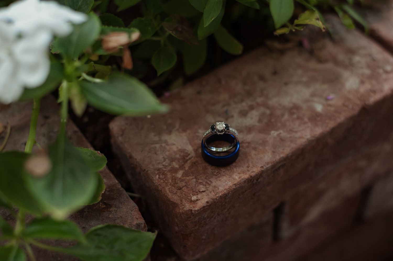 Diamond engagement ring and black wedding band displayed on rustic brick surface with greenery.