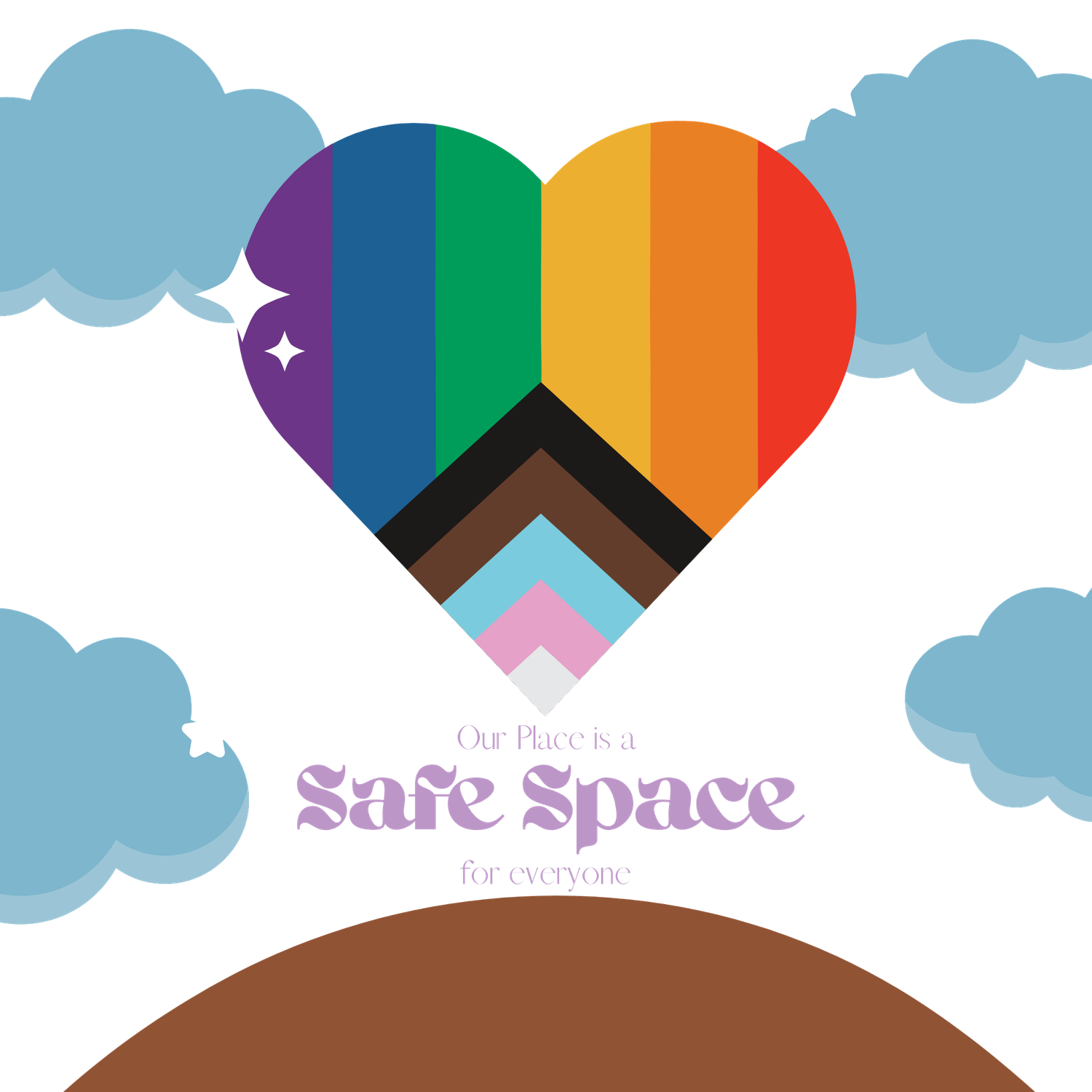 Progress Pride flag heart safe space graphic with clouds, celebrating LGBTQ+ inclusivity for all.
