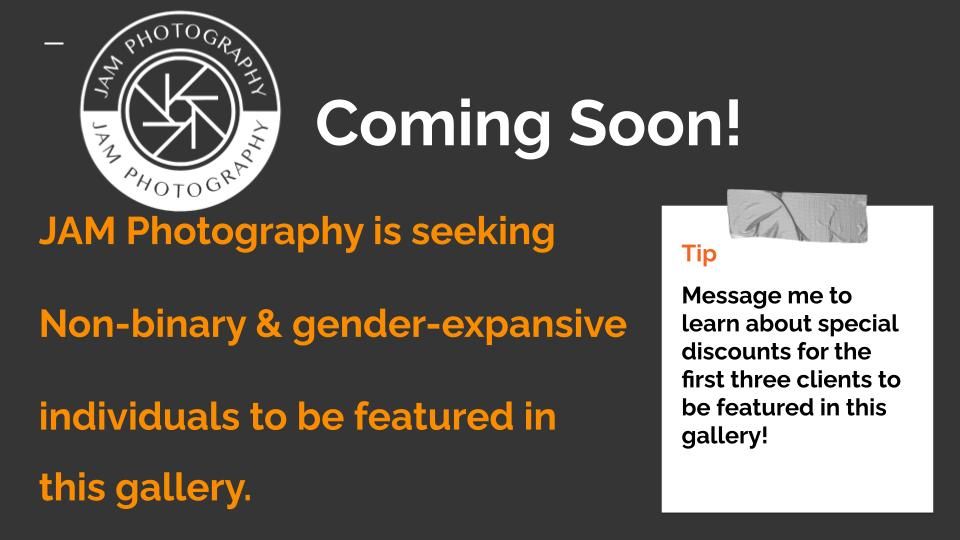 Photography studio promotional banner seeking non-binary clients with professional logo design.