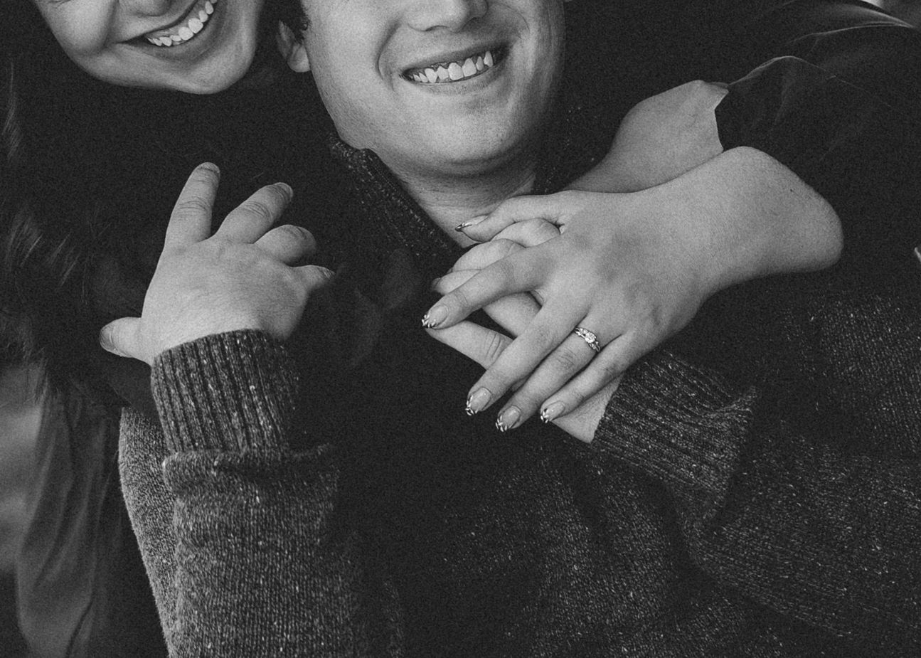 Black and white photo collage showing close-up details of hands and smiles in a candid style.