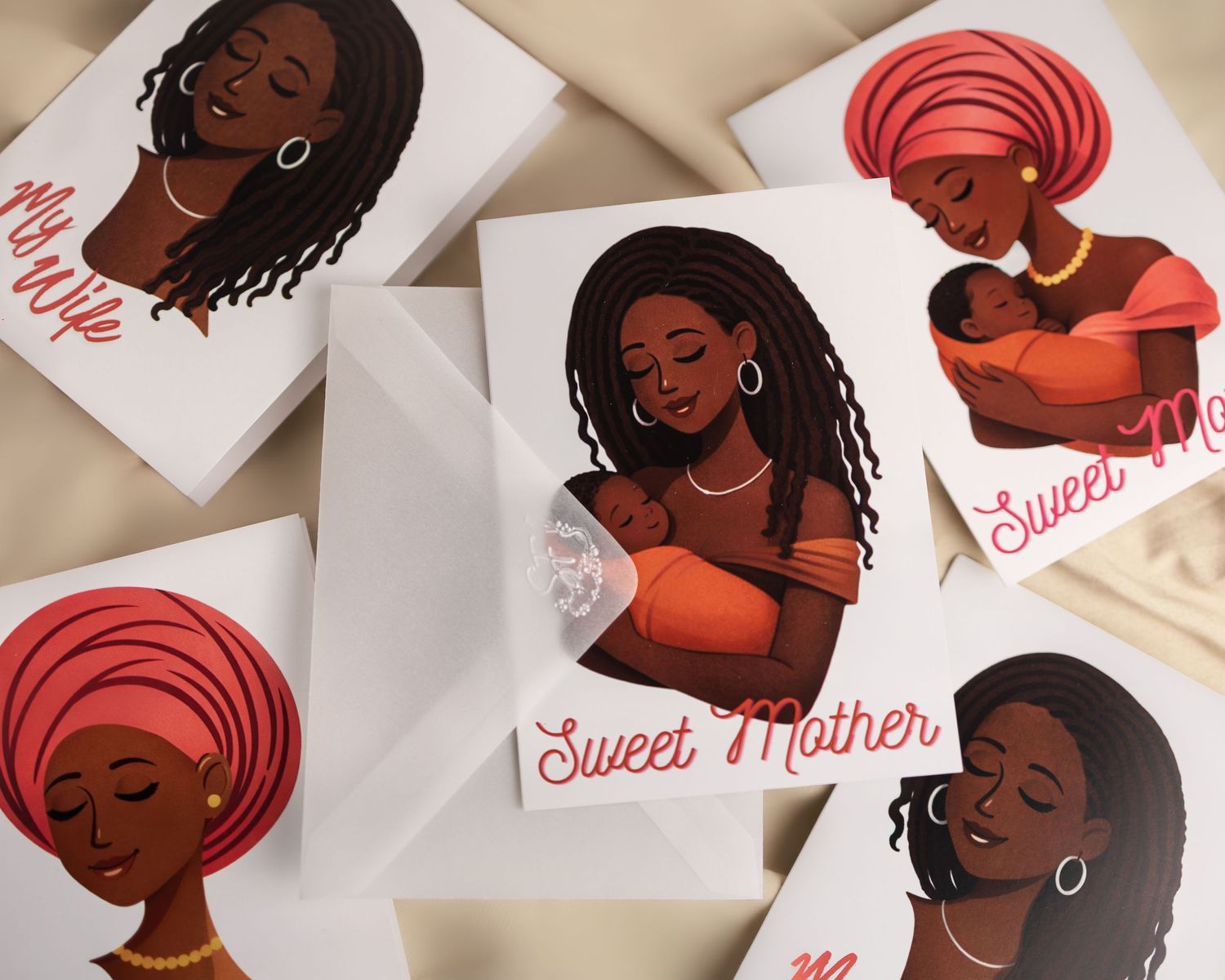 Collection of Sweet Mother greeting cards featuring illustrated Black women, displayed on a neutral background.