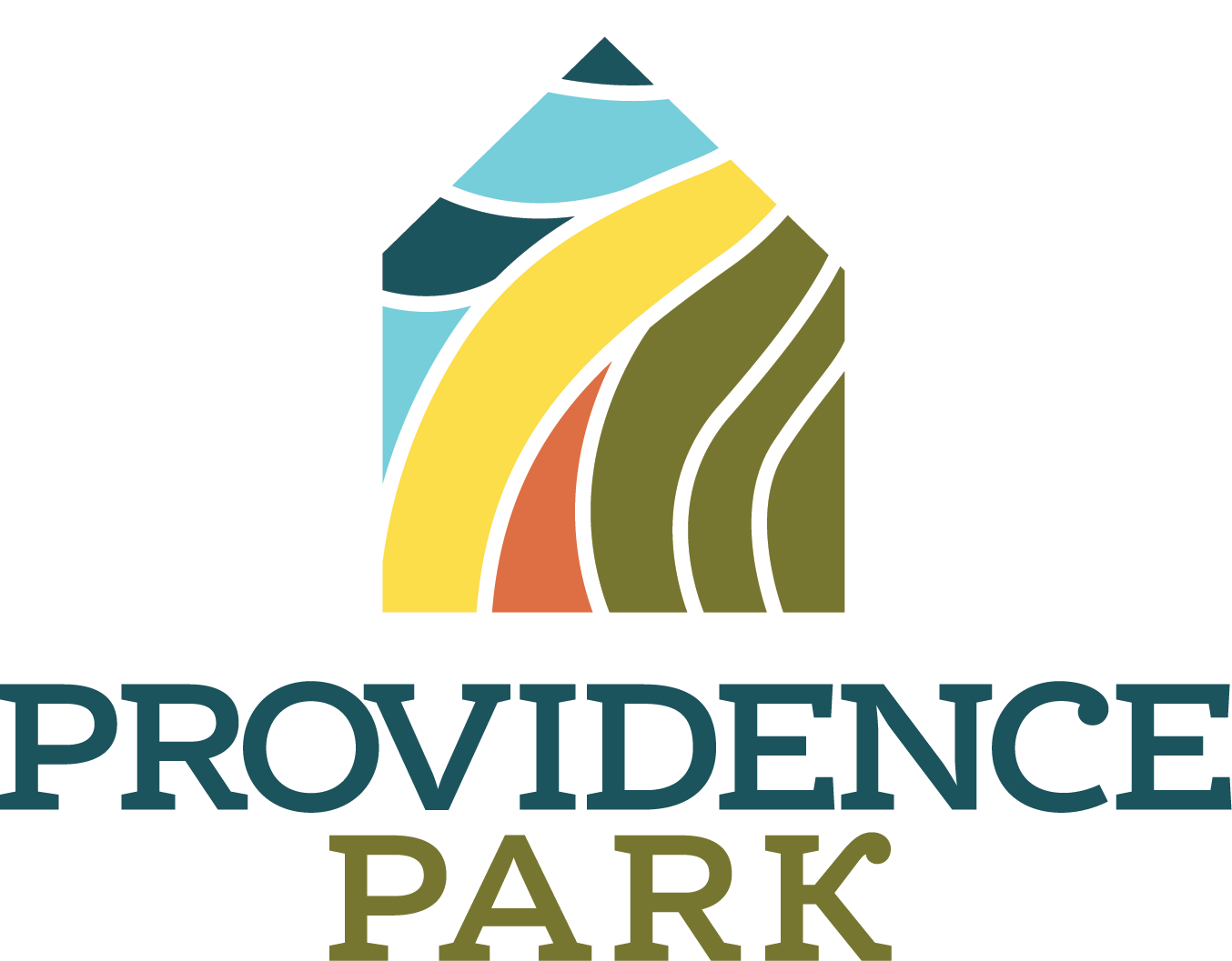 Providence Park logo with abstract house shape in blue, yellow and green stripes.