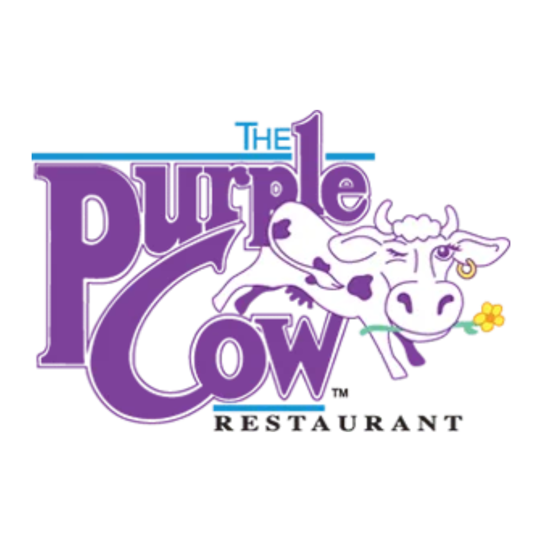 Purple Cow restaurant brand logo with stylized cow illustration.