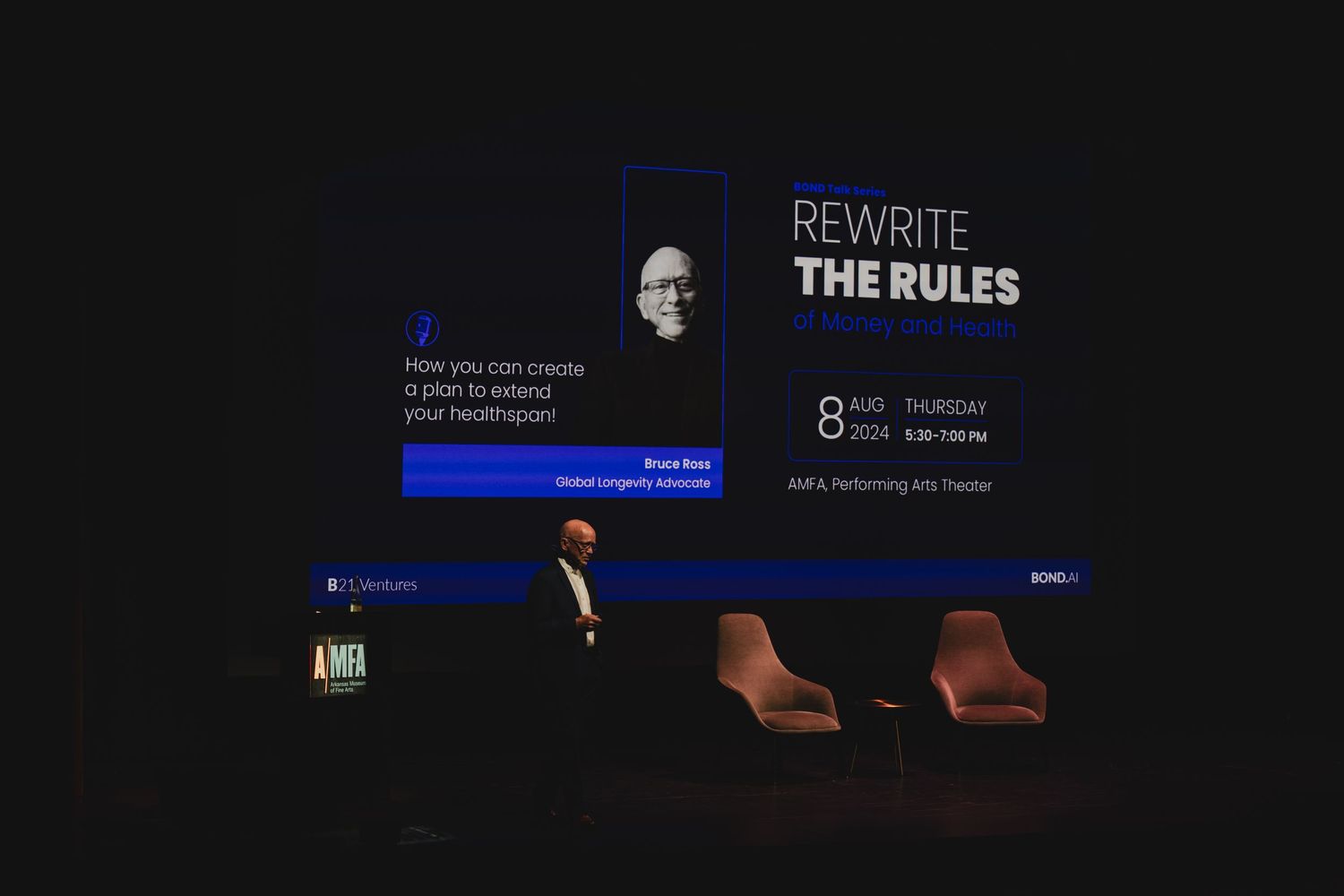 Conference presentation slides displayed on dark screens with blue accents.
