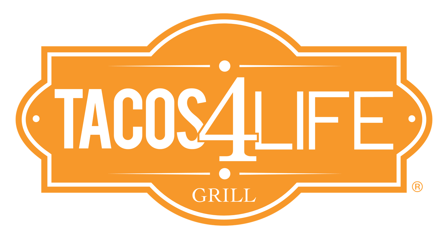 Orange banner logo design for Tacos 4 Life restaurant.