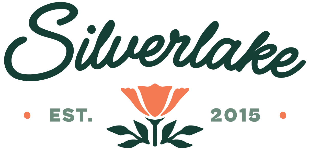 Green and orange restaurant logo design for Silverlake Design Studio with decorative floral elements.