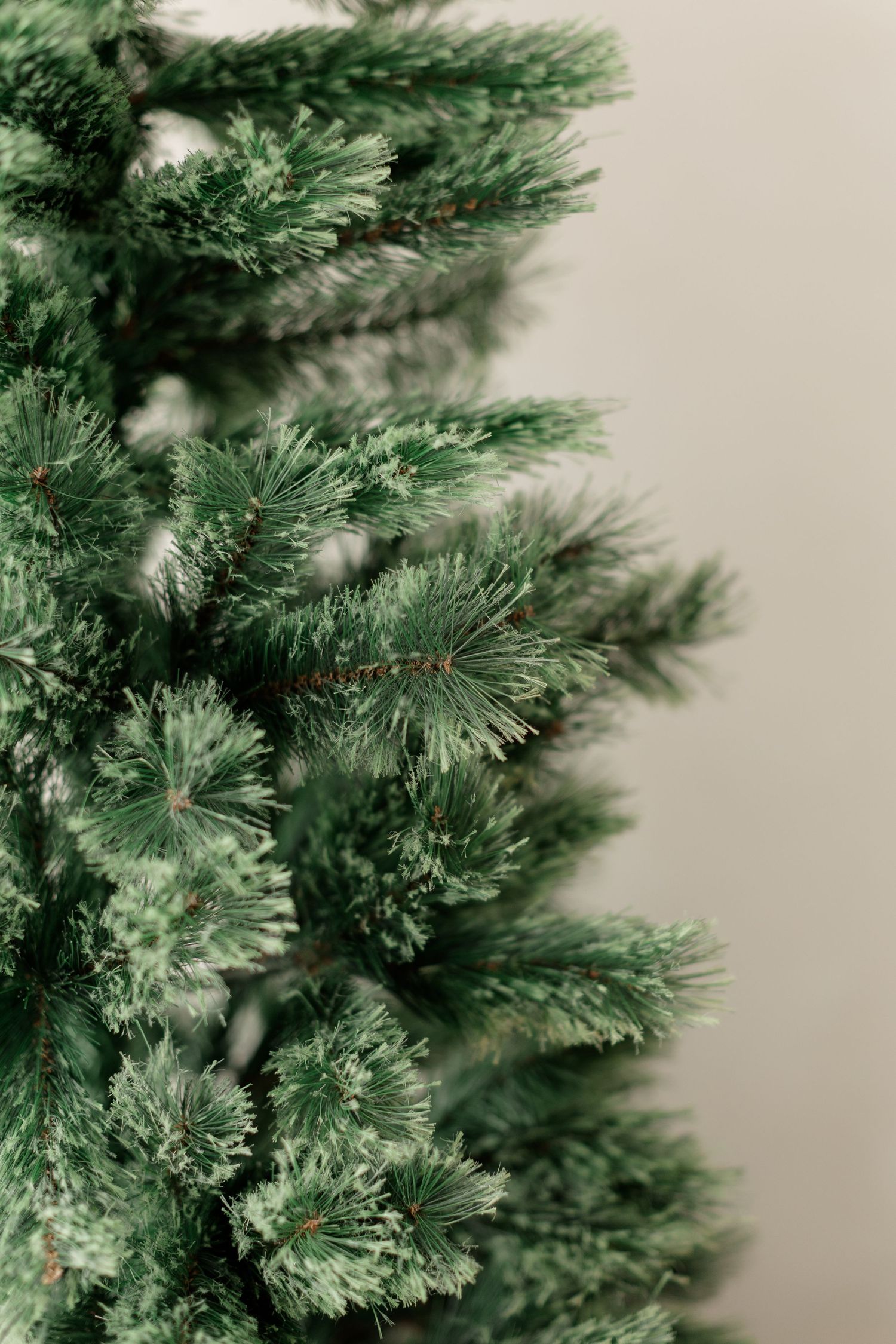 Close-up of a snow-dusted artificial Christmas tree with lush green pine needles against a neutral background.