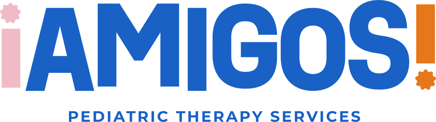 Blue text logo for Amigos pediatric therapy services.