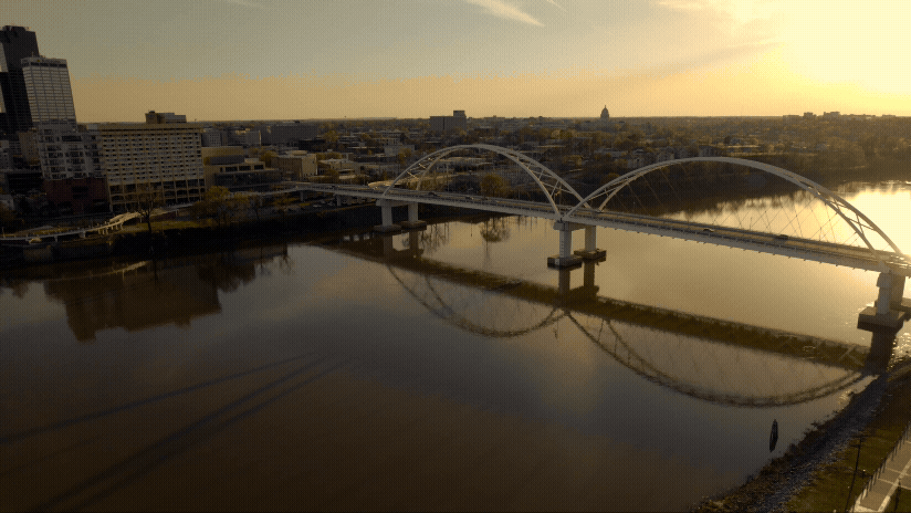 Aerial drone view of the North Little rock, Arkansas bridge.